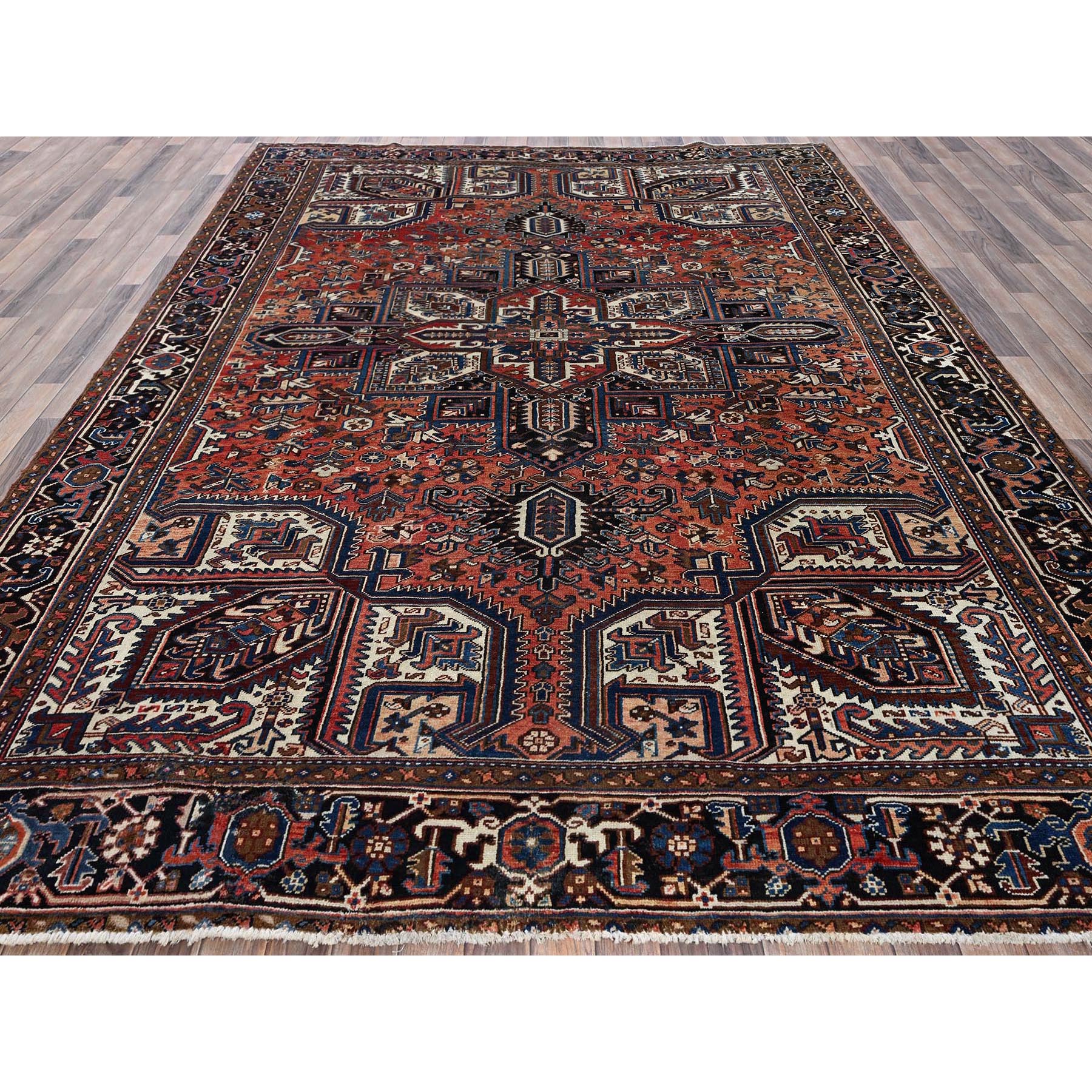 8'7"x11'3" Sunset Colors, Vintage Persian Heriz with Geometric Medallion Design, 100% Wool, Hand Knotted, Evenly Worn, Cropped Thin, Good Condition, Sides and Ends Professionally Secured, Oriental Rug Sh1271