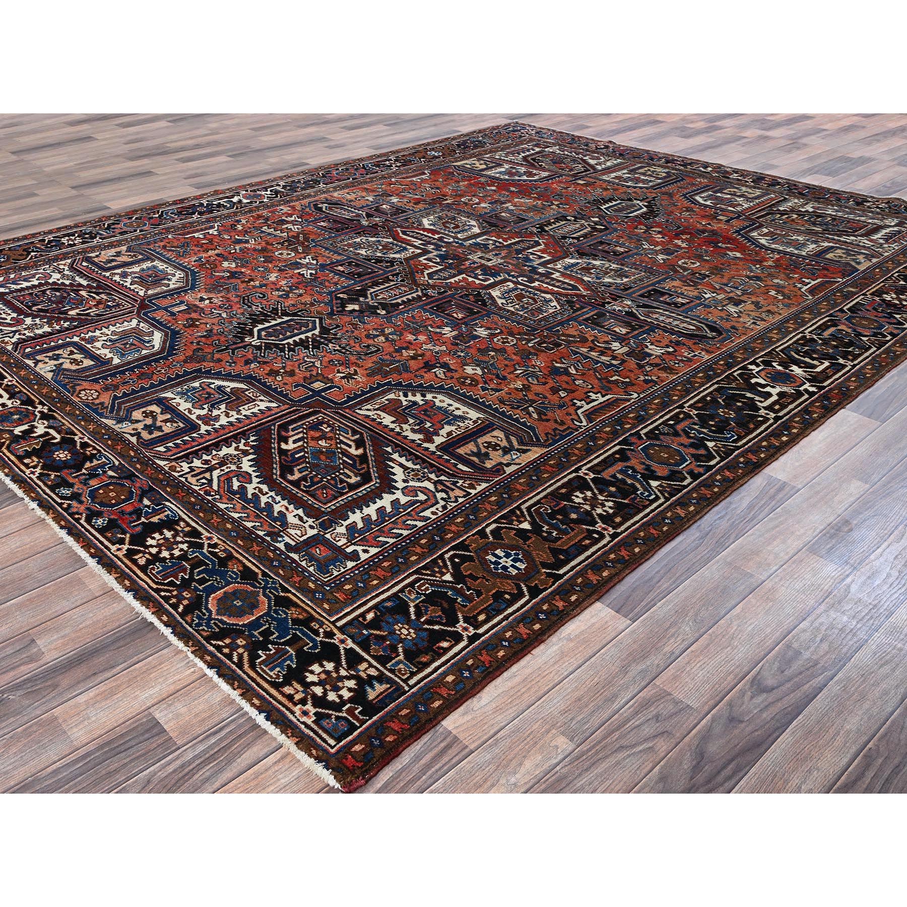 8'7"x11'3" Sunset Colors, Vintage Persian Heriz with Geometric Medallion Design, 100% Wool, Hand Knotted, Evenly Worn, Cropped Thin, Good Condition, Sides and Ends Professionally Secured, Oriental Rug Sh1271