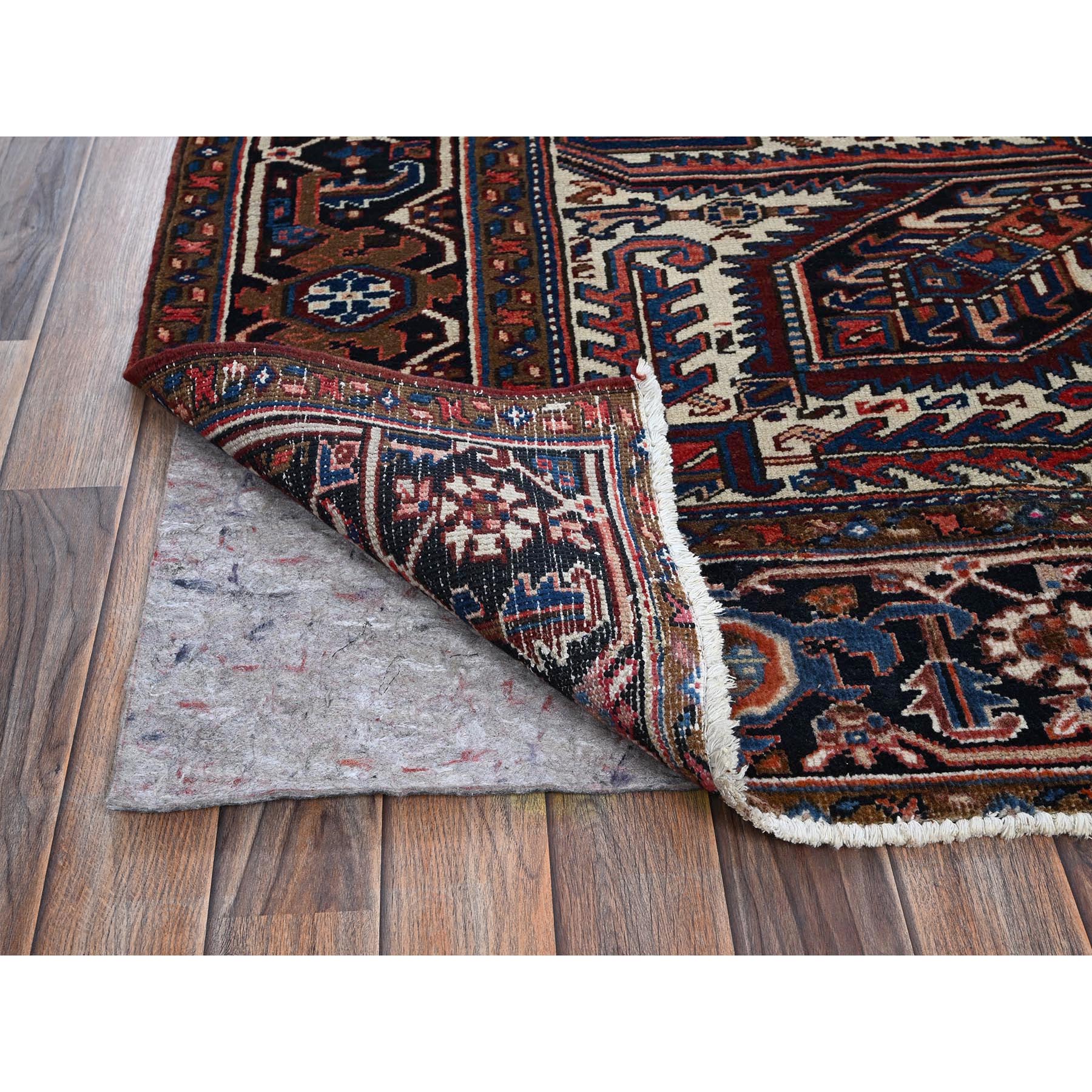 8'7"x11'3" Sunset Colors, Vintage Persian Heriz with Geometric Medallion Design, 100% Wool, Hand Knotted, Evenly Worn, Cropped Thin, Good Condition, Sides and Ends Professionally Secured, Oriental Rug Sh1271