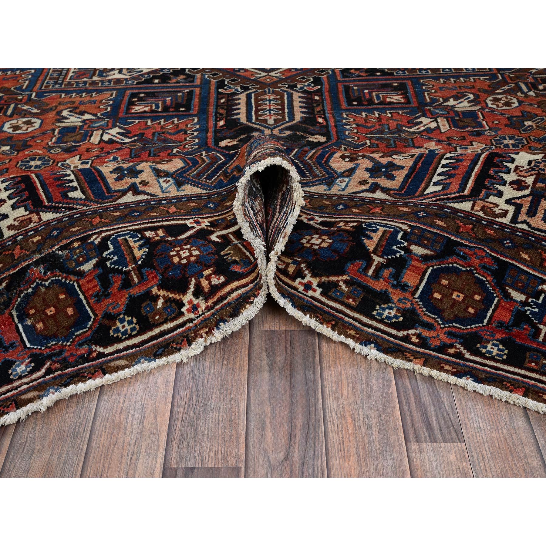 8'7"x11'3" Sunset Colors, Vintage Persian Heriz with Geometric Medallion Design, 100% Wool, Hand Knotted, Evenly Worn, Cropped Thin, Good Condition, Sides and Ends Professionally Secured, Oriental Rug Sh1271