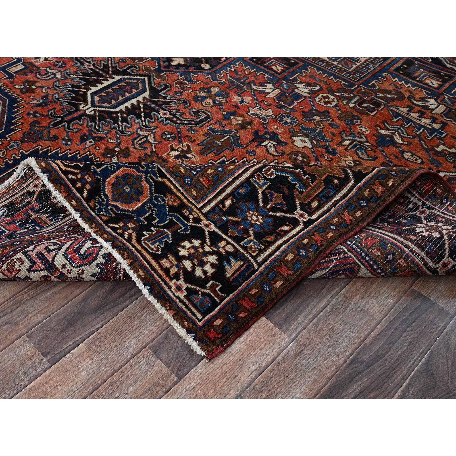 8'7"x11'3" Sunset Colors, Vintage Persian Heriz with Geometric Medallion Design, 100% Wool, Hand Knotted, Evenly Worn, Cropped Thin, Good Condition, Sides and Ends Professionally Secured, Oriental Rug Sh1271