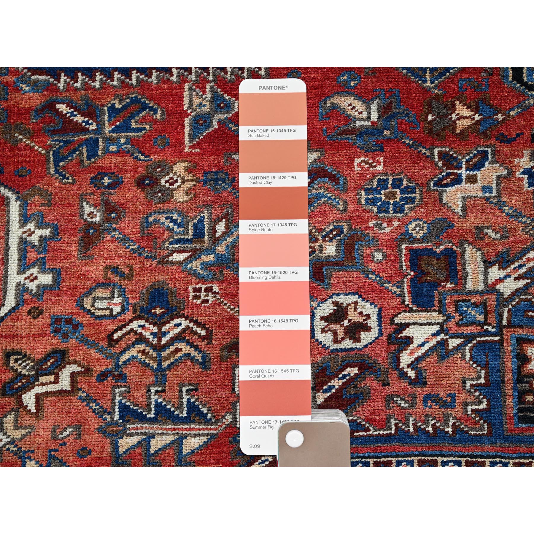 8'7"x11'3" Sunset Colors, Vintage Persian Heriz with Geometric Medallion Design, 100% Wool, Hand Knotted, Evenly Worn, Cropped Thin, Good Condition, Sides and Ends Professionally Secured, Oriental Rug Sh1271
