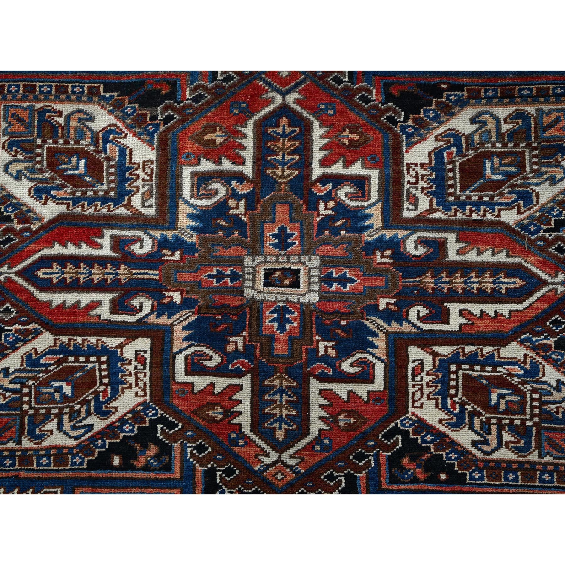 8'7"x11'3" Sunset Colors, Vintage Persian Heriz with Geometric Medallion Design, 100% Wool, Hand Knotted, Evenly Worn, Cropped Thin, Good Condition, Sides and Ends Professionally Secured, Oriental Rug Sh1271