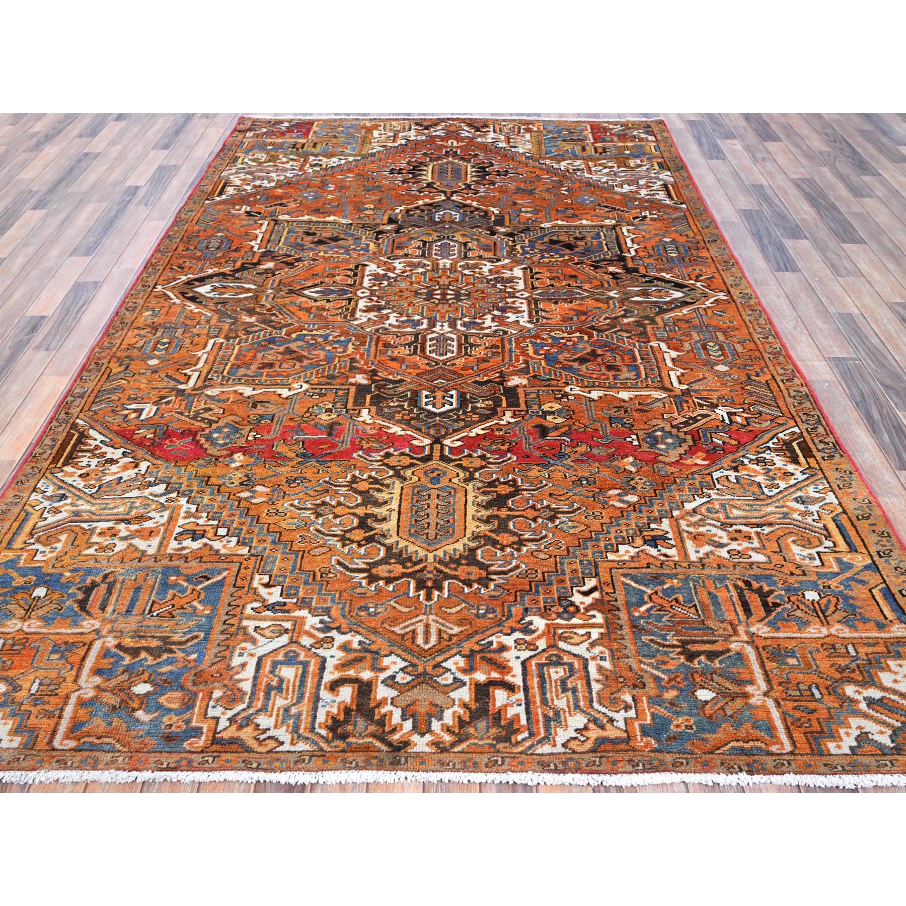 6'10"x10'8" Vivid Orange, Vintage Persian Heriz with Large Medallion Design, Distinct Abrash, Rustic Look, 100% Wool, Hand Knotted, Even Wear, Cropped Thin, Good Condition, Sides and Ends Professionally Secured, Oriental Rug Sh1273