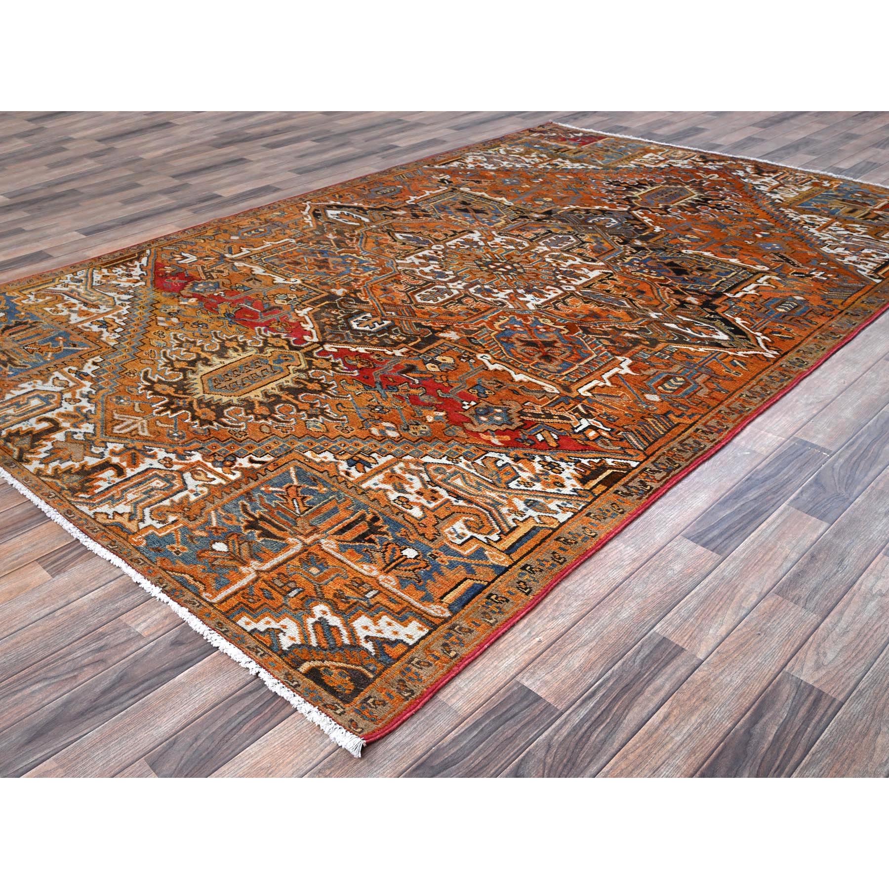 6'10"x10'8" Vivid Orange, Vintage Persian Heriz with Large Medallion Design, Distinct Abrash, Rustic Look, 100% Wool, Hand Knotted, Even Wear, Cropped Thin, Good Condition, Sides and Ends Professionally Secured, Oriental Rug Sh1273