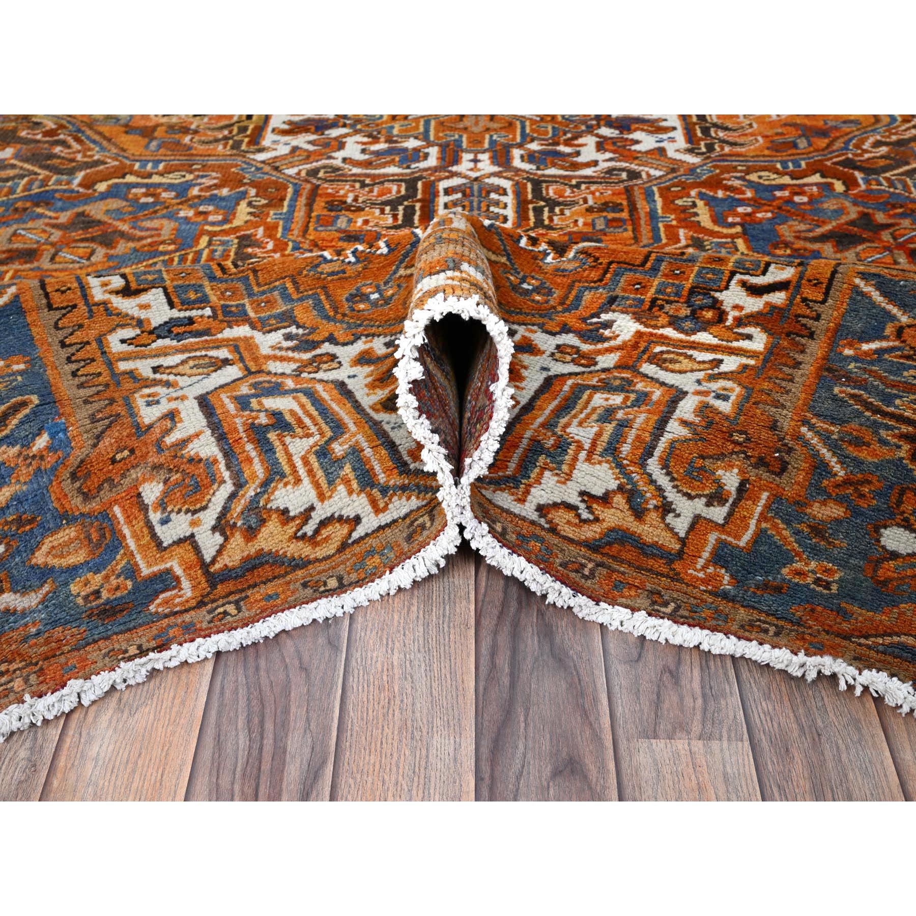 6'10"x10'8" Vivid Orange, Vintage Persian Heriz with Large Medallion Design, Distinct Abrash, Rustic Look, 100% Wool, Hand Knotted, Even Wear, Cropped Thin, Good Condition, Sides and Ends Professionally Secured, Oriental Rug Sh1273