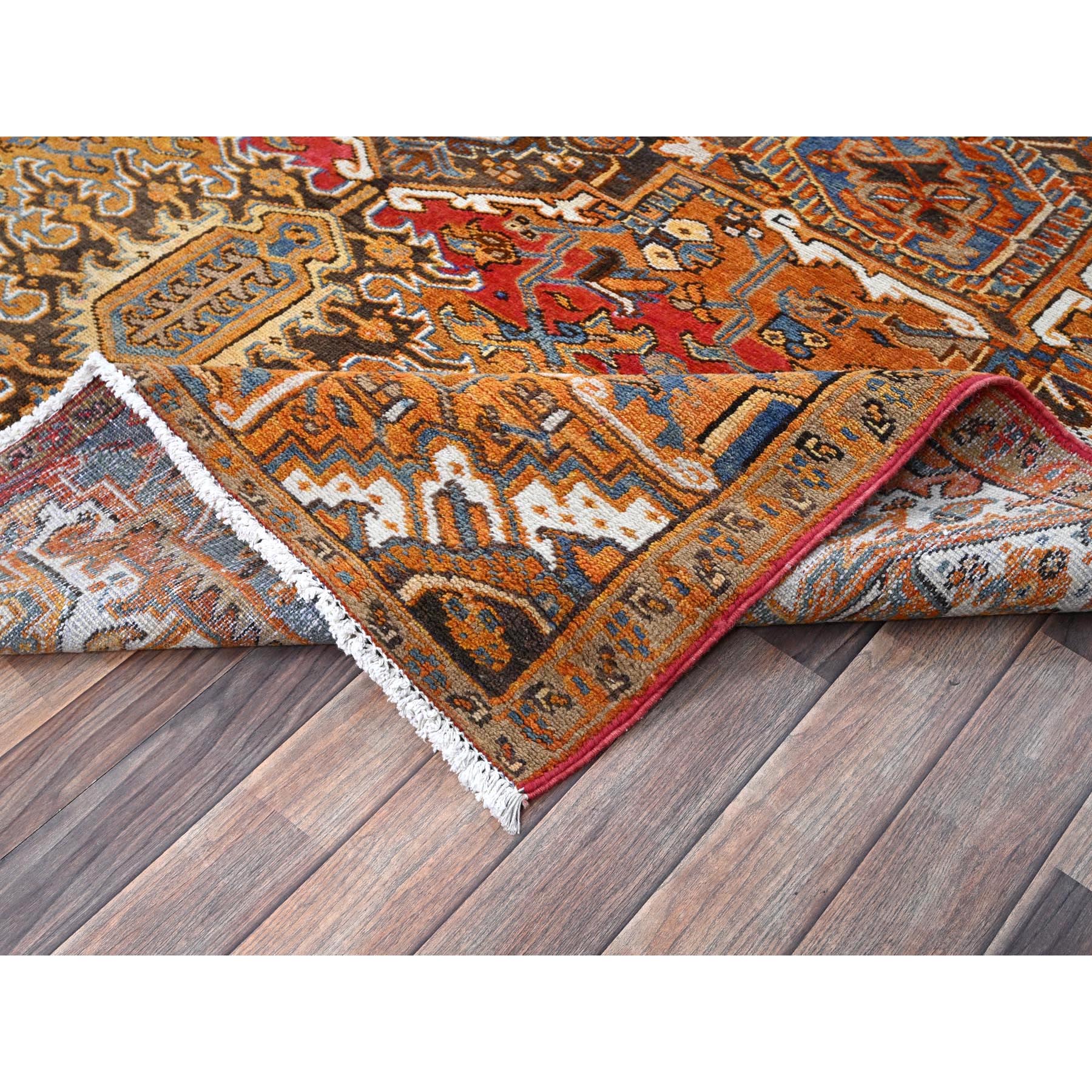 6'10"x10'8" Vivid Orange, Vintage Persian Heriz with Large Medallion Design, Distinct Abrash, Rustic Look, 100% Wool, Hand Knotted, Even Wear, Cropped Thin, Good Condition, Sides and Ends Professionally Secured, Oriental Rug Sh1273