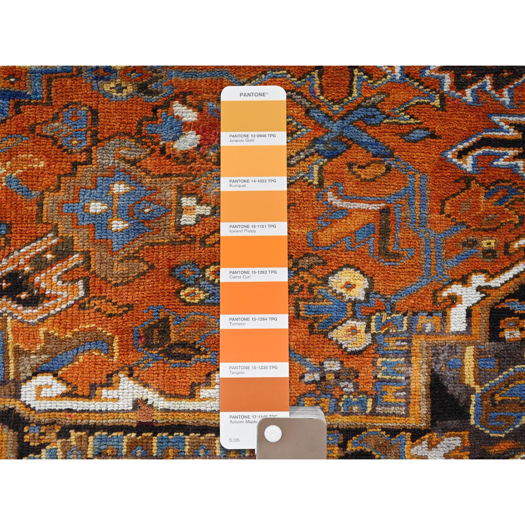 6'10"x10'8" Vivid Orange, Vintage Persian Heriz with Large Medallion Design, Distinct Abrash, Rustic Look, 100% Wool, Hand Knotted, Even Wear, Cropped Thin, Good Condition, Sides and Ends Professionally Secured, Oriental Rug Sh1273