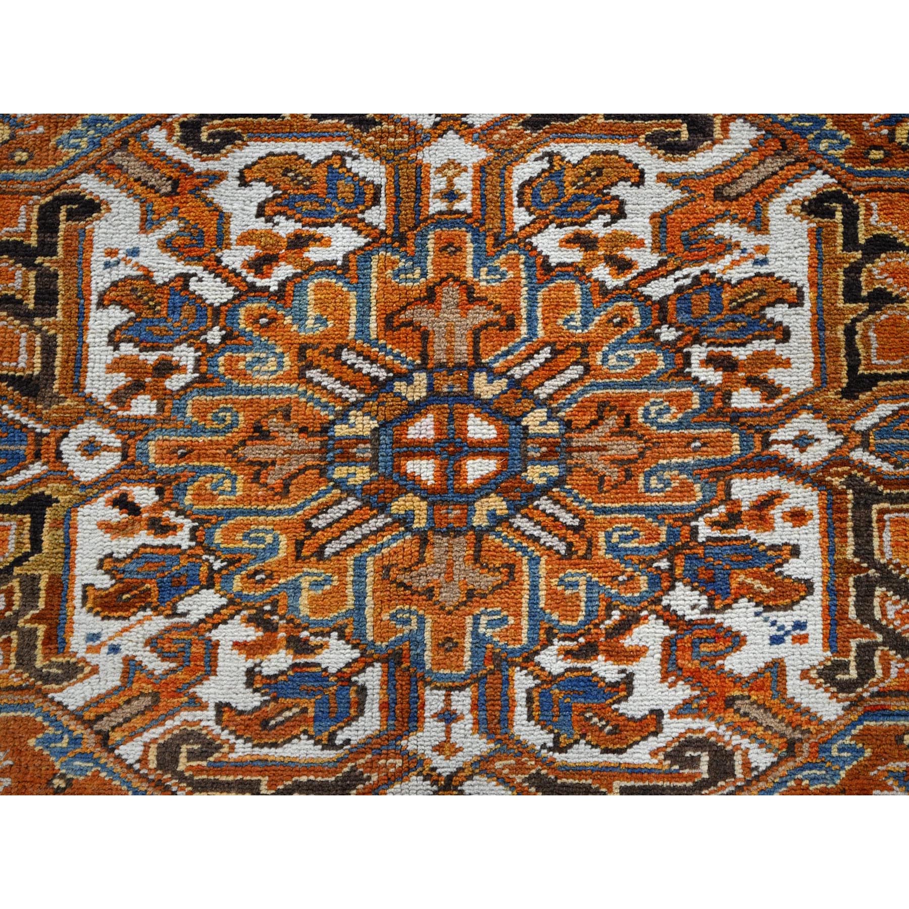 6'10"x10'8" Vivid Orange, Vintage Persian Heriz with Large Medallion Design, Distinct Abrash, Rustic Look, 100% Wool, Hand Knotted, Even Wear, Cropped Thin, Good Condition, Sides and Ends Professionally Secured, Oriental Rug Sh1273