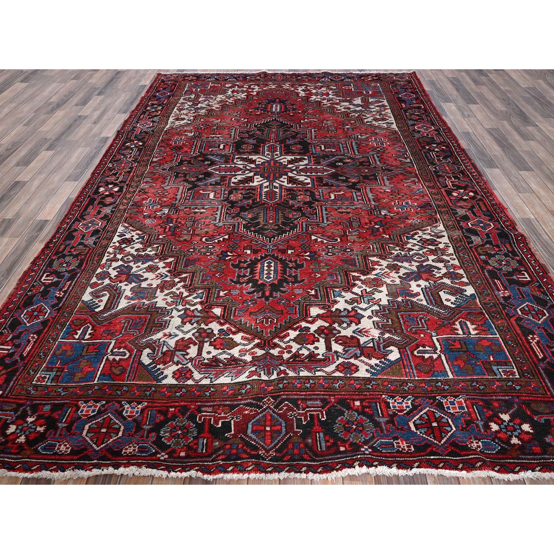 8'x11'3" Crimson Red, Semi Antique Persian Heriz with Slight Wear, Sheared Low, Zero Pile, Sides and Ends Professionally Secured, Hand Knotted, 100% Wool, Oriental Rug Sh1274