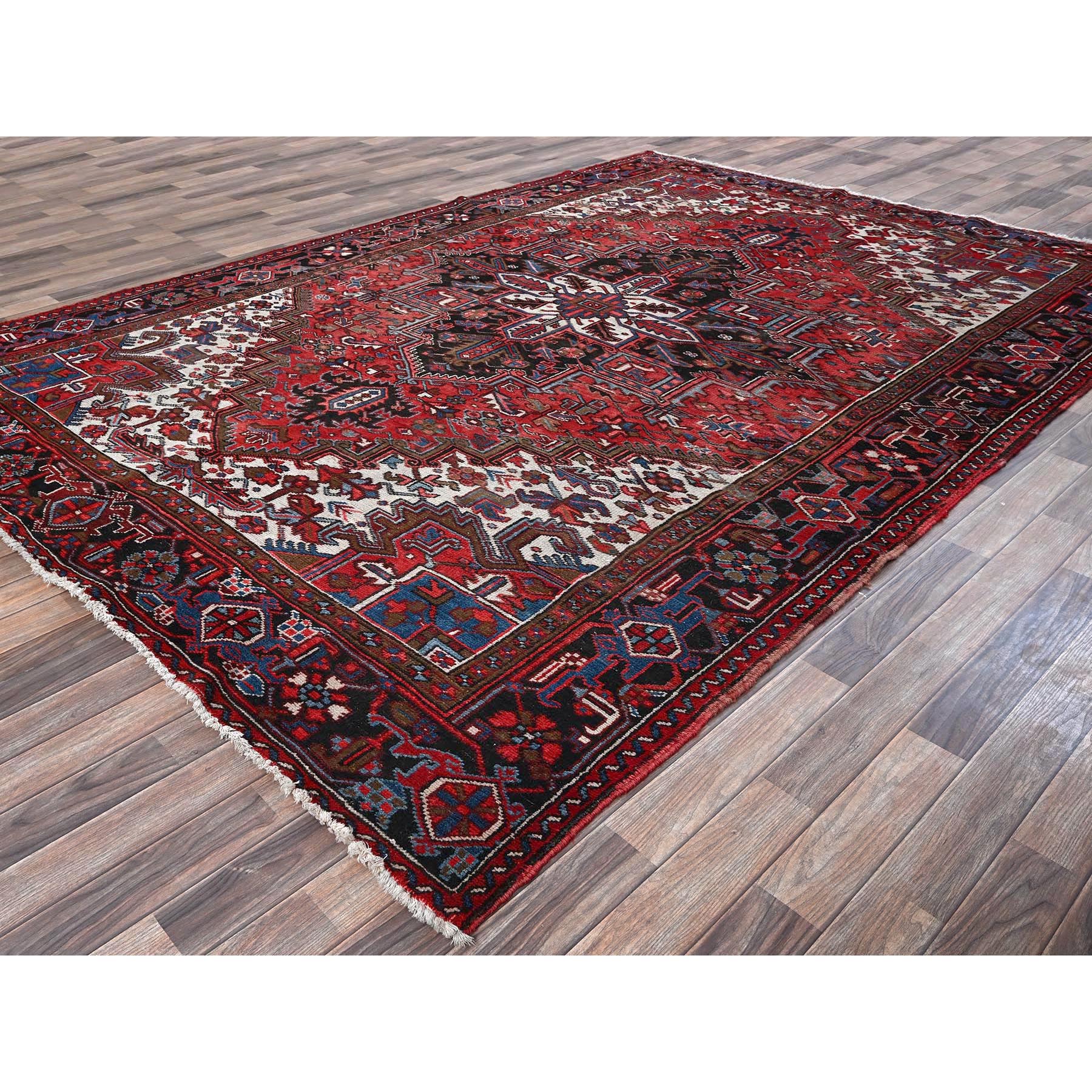 8'x11'3" Crimson Red, Semi Antique Persian Heriz with Slight Wear, Sheared Low, Zero Pile, Sides and Ends Professionally Secured, Hand Knotted, 100% Wool, Oriental Rug Sh1274