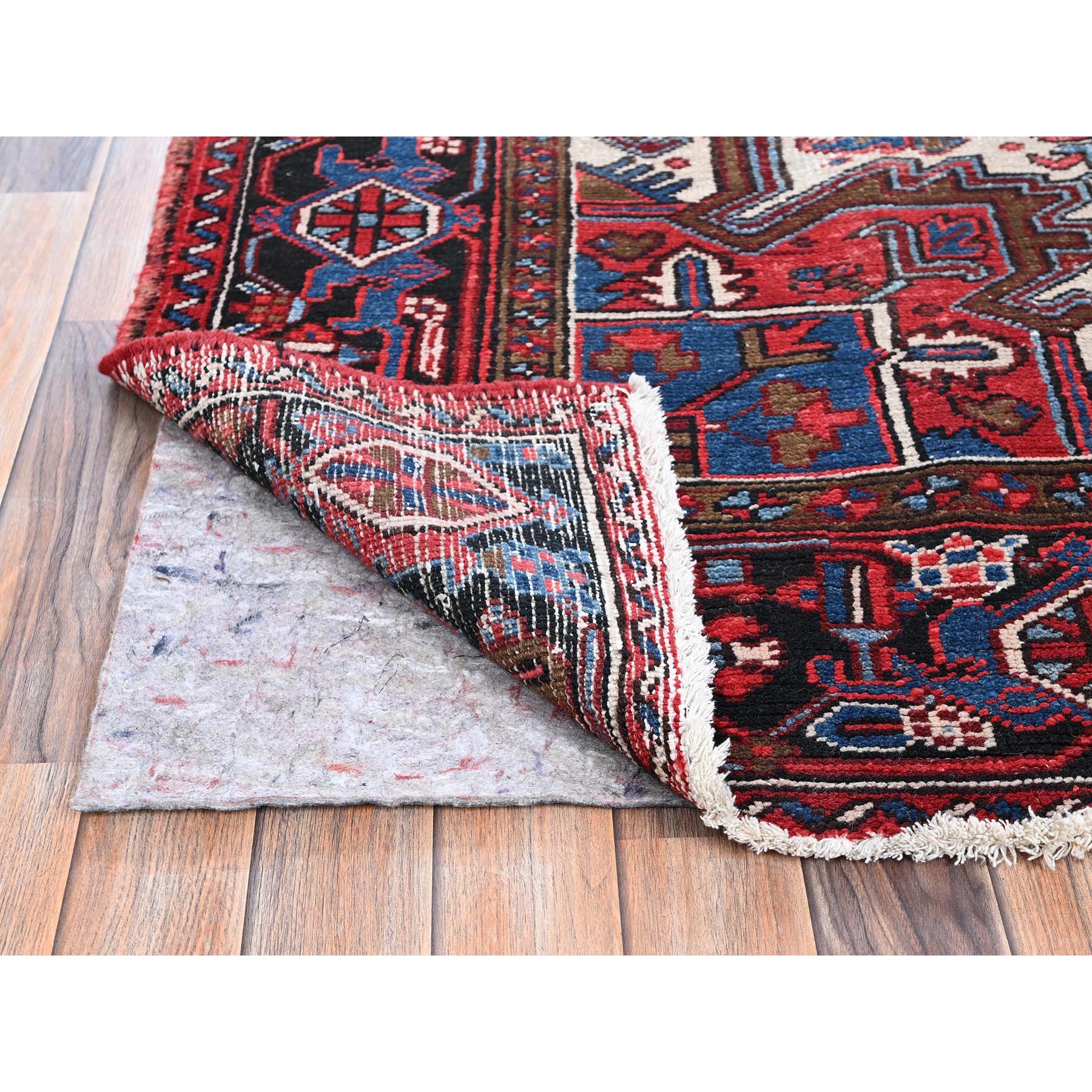 8'x11'3" Crimson Red, Semi Antique Persian Heriz with Slight Wear, Sheared Low, Zero Pile, Sides and Ends Professionally Secured, Hand Knotted, 100% Wool, Oriental Rug Sh1274
