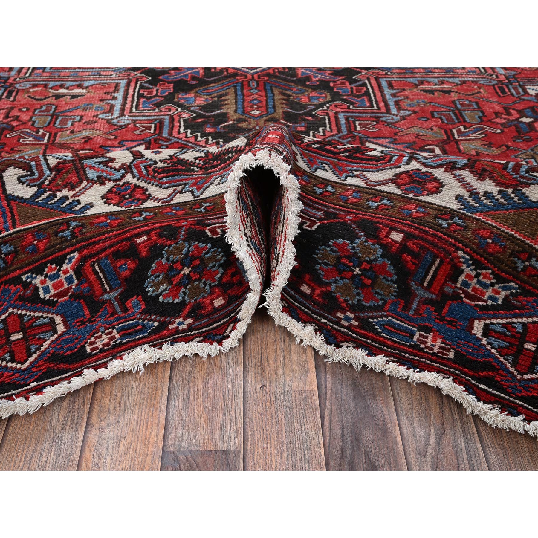 8'x11'3" Crimson Red, Semi Antique Persian Heriz with Slight Wear, Sheared Low, Zero Pile, Sides and Ends Professionally Secured, Hand Knotted, 100% Wool, Oriental Rug Sh1274