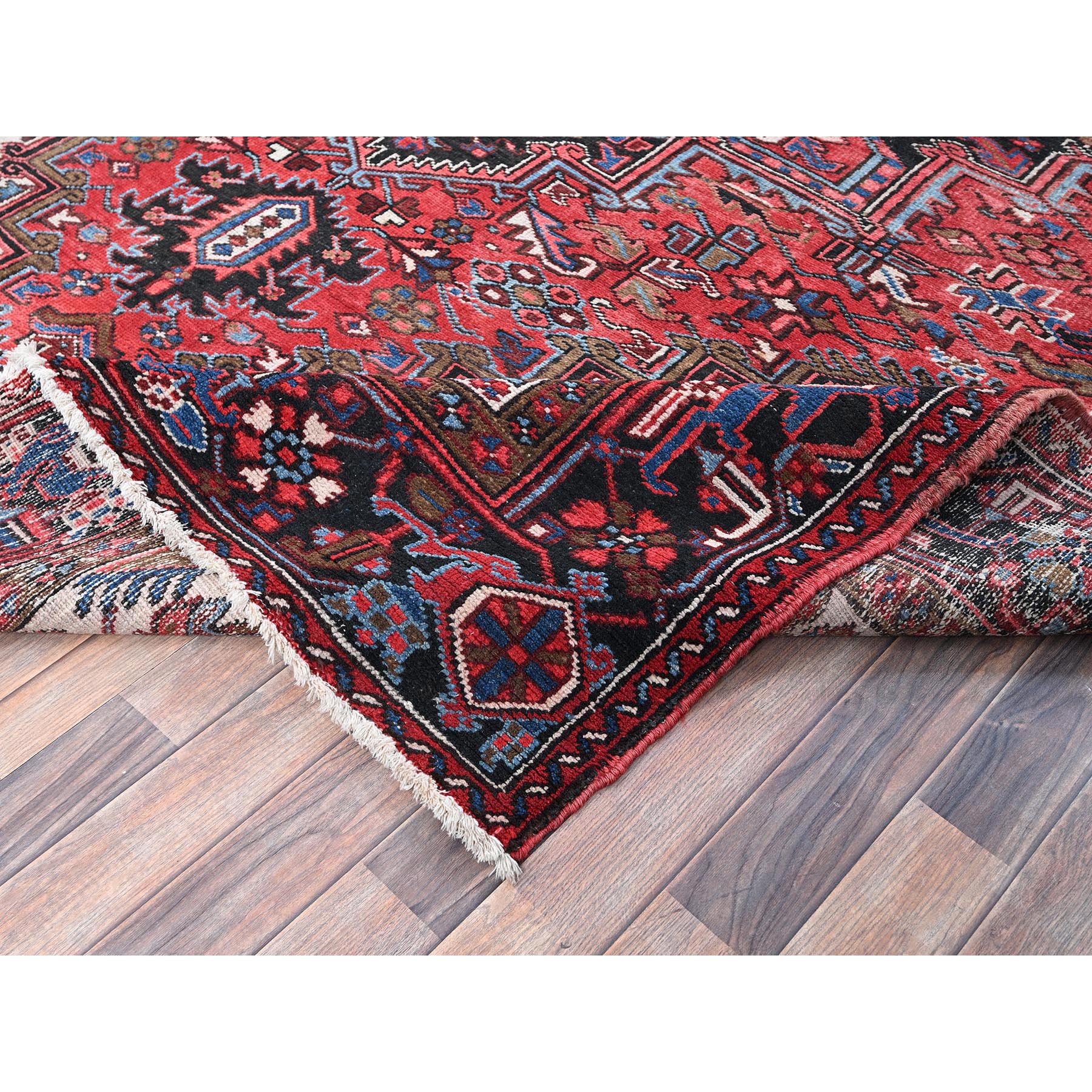 8'x11'3" Crimson Red, Semi Antique Persian Heriz with Slight Wear, Sheared Low, Zero Pile, Sides and Ends Professionally Secured, Hand Knotted, 100% Wool, Oriental Rug Sh1274