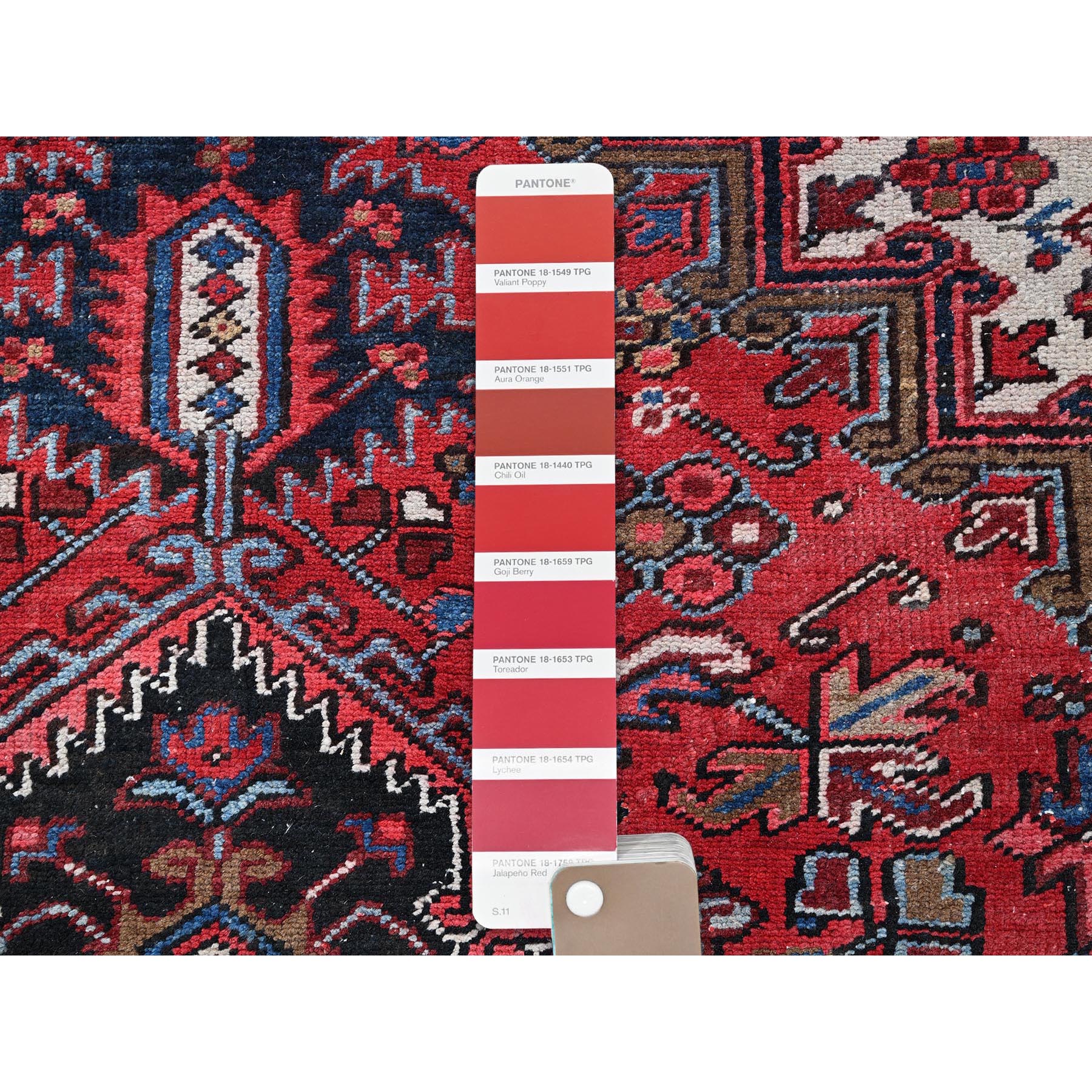 8'x11'3" Crimson Red, Semi Antique Persian Heriz with Slight Wear, Sheared Low, Zero Pile, Sides and Ends Professionally Secured, Hand Knotted, 100% Wool, Oriental Rug Sh1274