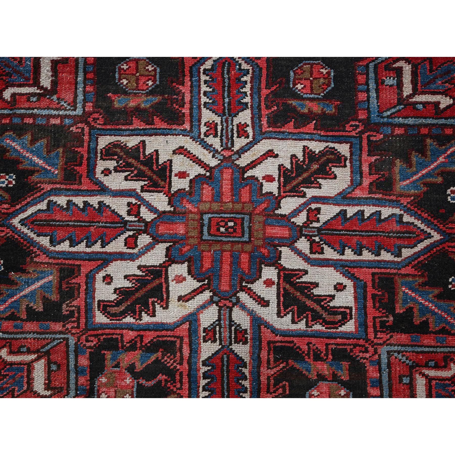 8'x11'3" Crimson Red, Semi Antique Persian Heriz with Slight Wear, Sheared Low, Zero Pile, Sides and Ends Professionally Secured, Hand Knotted, 100% Wool, Oriental Rug Sh1274