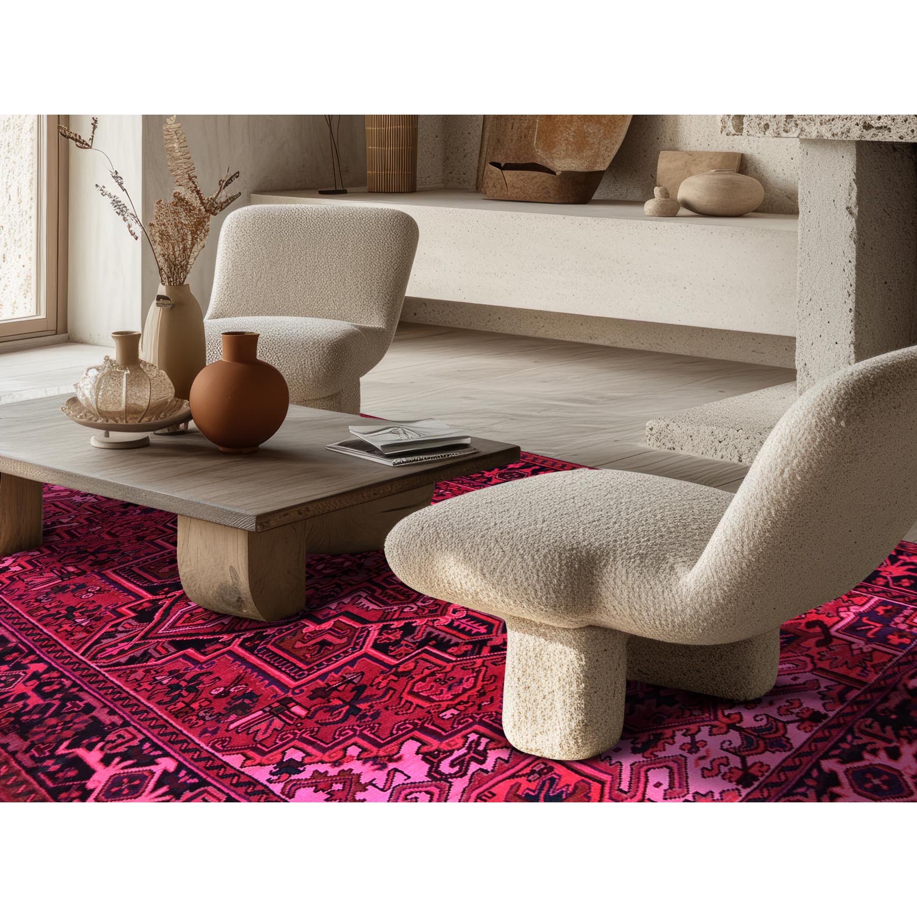 7'x9'5" Red Overdyed, Semi Antique Persian Heriz with Large Medallion, Worn Down, Sheared Low, Zero Pile, Sides and Ends Professionally Secured, Hand Knotted, 100% Wool, Oriental Rug Sh1275