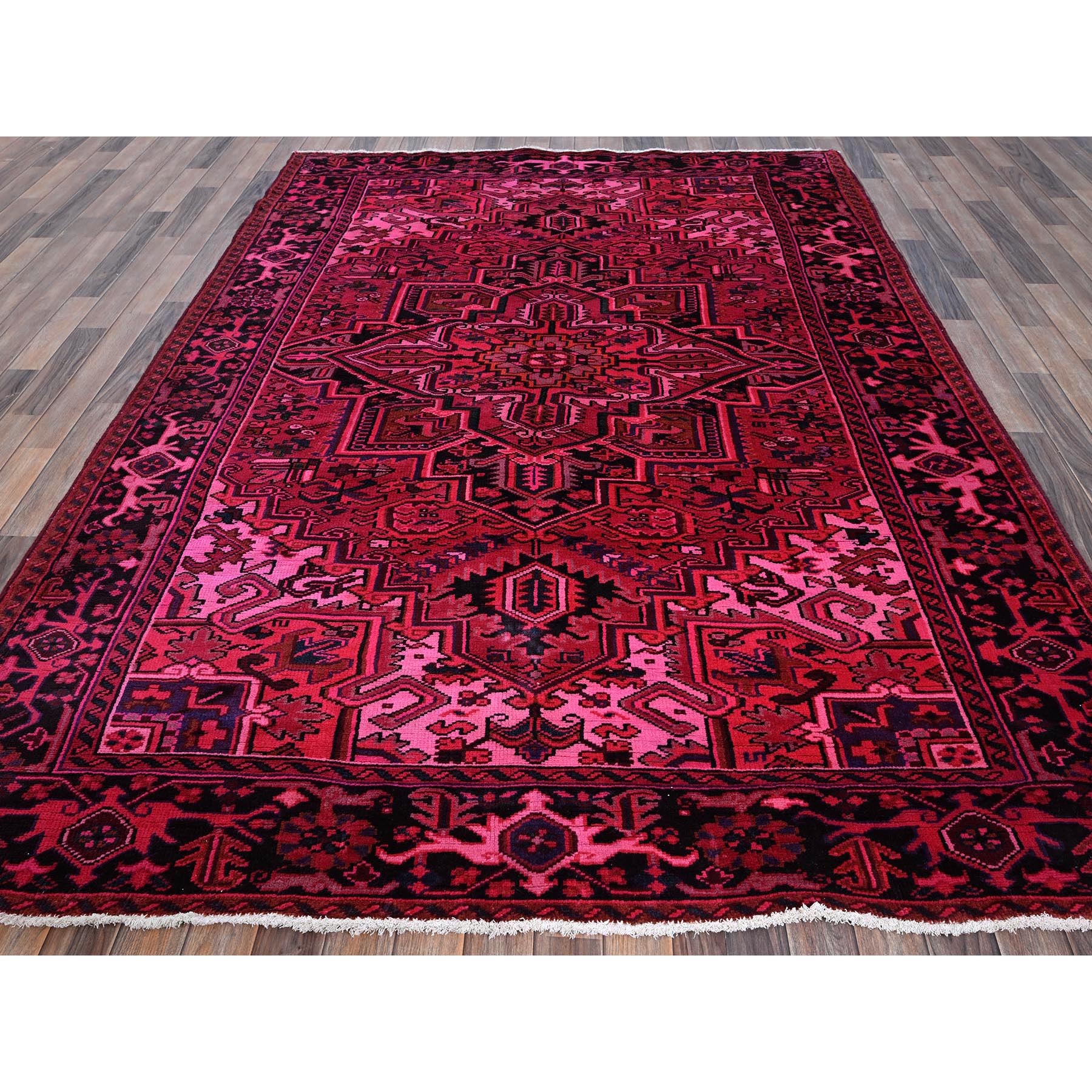 7'x9'5" Red Overdyed, Semi Antique Persian Heriz with Large Medallion, Worn Down, Sheared Low, Zero Pile, Sides and Ends Professionally Secured, Hand Knotted, 100% Wool, Oriental Rug Sh1275