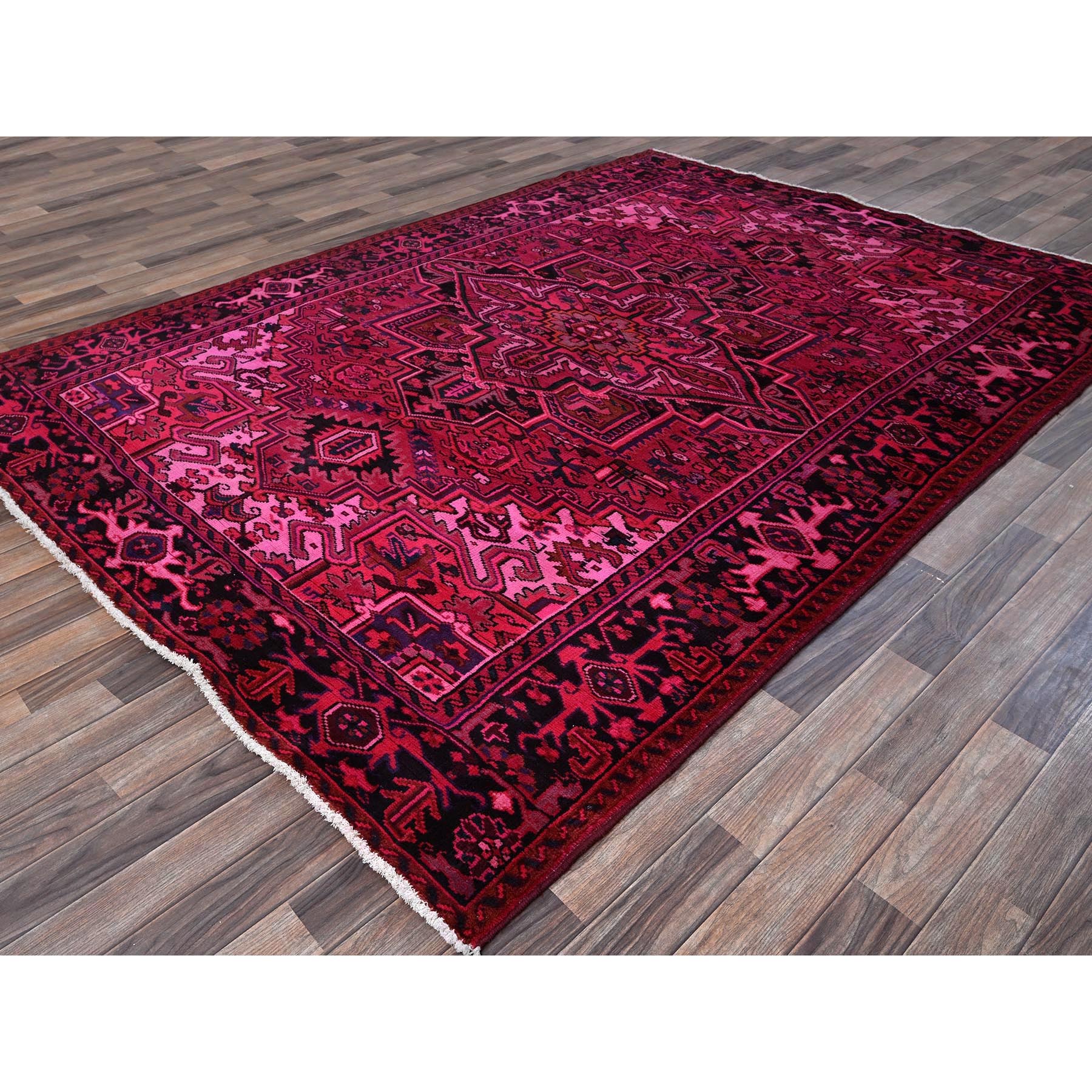 7'x9'5" Red Overdyed, Semi Antique Persian Heriz with Large Medallion, Worn Down, Sheared Low, Zero Pile, Sides and Ends Professionally Secured, Hand Knotted, 100% Wool, Oriental Rug Sh1275