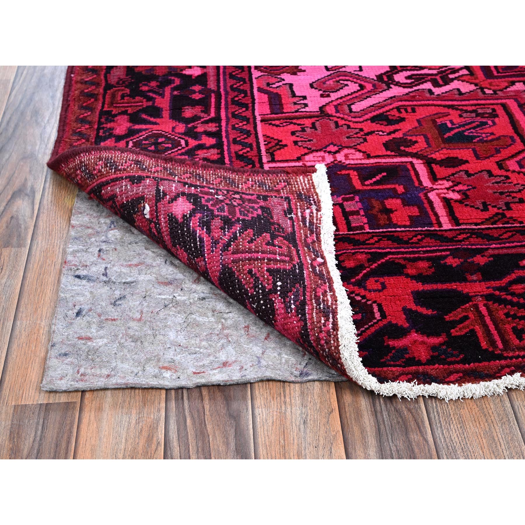 7'x9'5" Red Overdyed, Semi Antique Persian Heriz with Large Medallion, Worn Down, Sheared Low, Zero Pile, Sides and Ends Professionally Secured, Hand Knotted, 100% Wool, Oriental Rug Sh1275