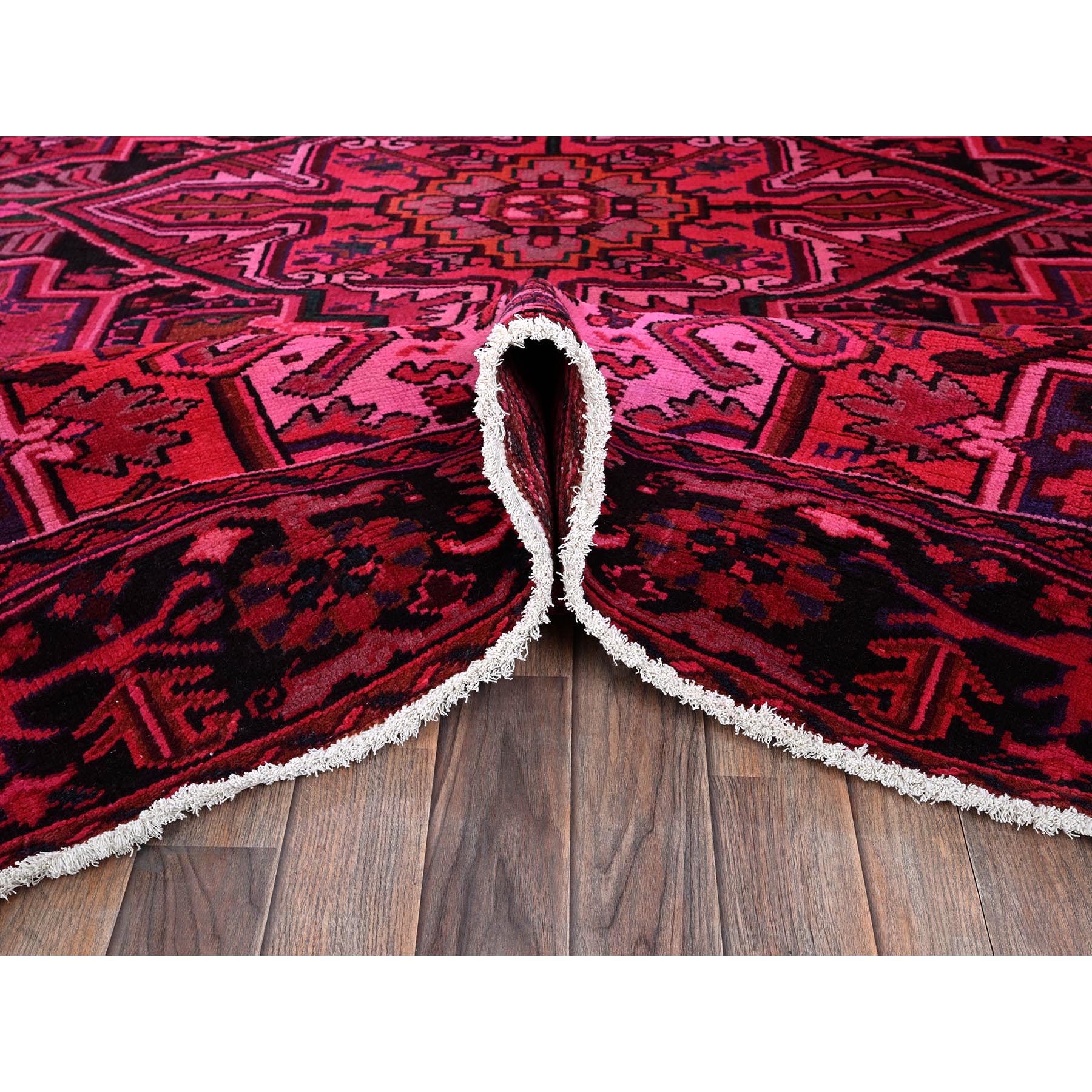 7'x9'5" Red Overdyed, Semi Antique Persian Heriz with Large Medallion, Worn Down, Sheared Low, Zero Pile, Sides and Ends Professionally Secured, Hand Knotted, 100% Wool, Oriental Rug Sh1275