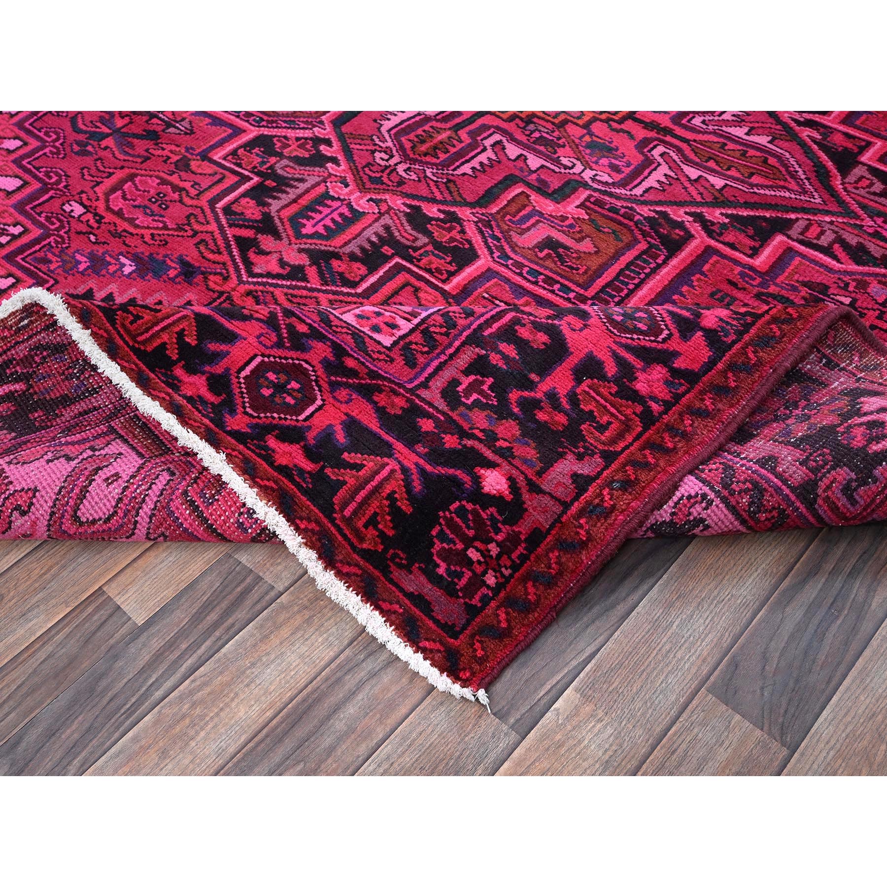 7'x9'5" Red Overdyed, Semi Antique Persian Heriz with Large Medallion, Worn Down, Sheared Low, Zero Pile, Sides and Ends Professionally Secured, Hand Knotted, 100% Wool, Oriental Rug Sh1275