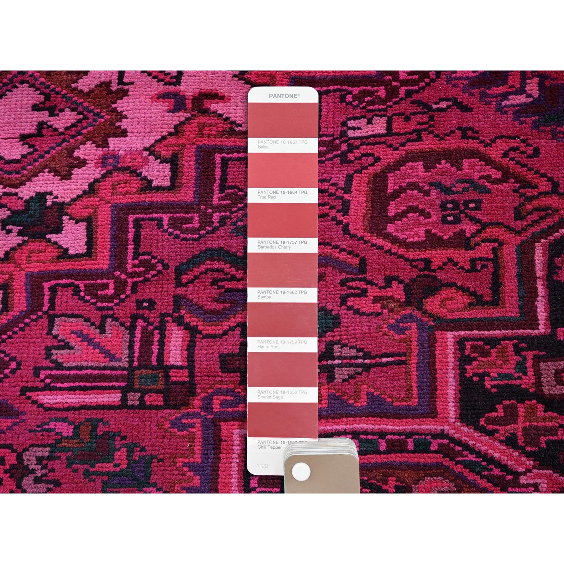 7'x9'5" Red Overdyed, Semi Antique Persian Heriz with Large Medallion, Worn Down, Sheared Low, Zero Pile, Sides and Ends Professionally Secured, Hand Knotted, 100% Wool, Oriental Rug Sh1275