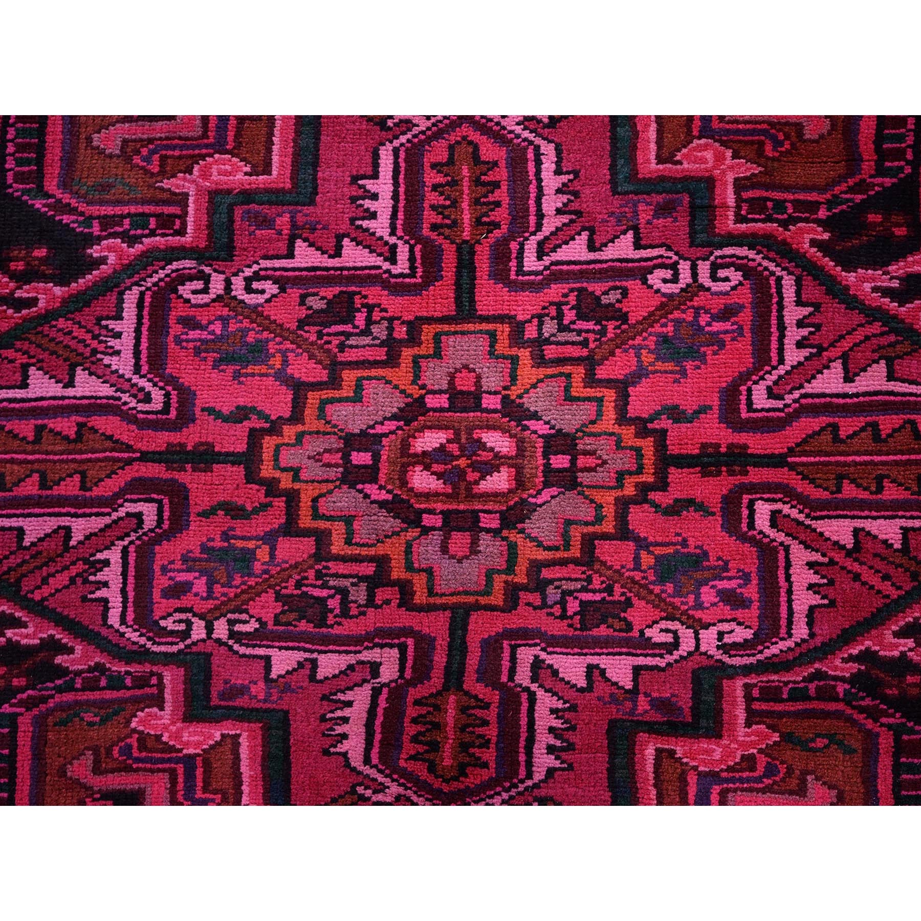7'x9'5" Red Overdyed, Semi Antique Persian Heriz with Large Medallion, Worn Down, Sheared Low, Zero Pile, Sides and Ends Professionally Secured, Hand Knotted, 100% Wool, Oriental Rug Sh1275