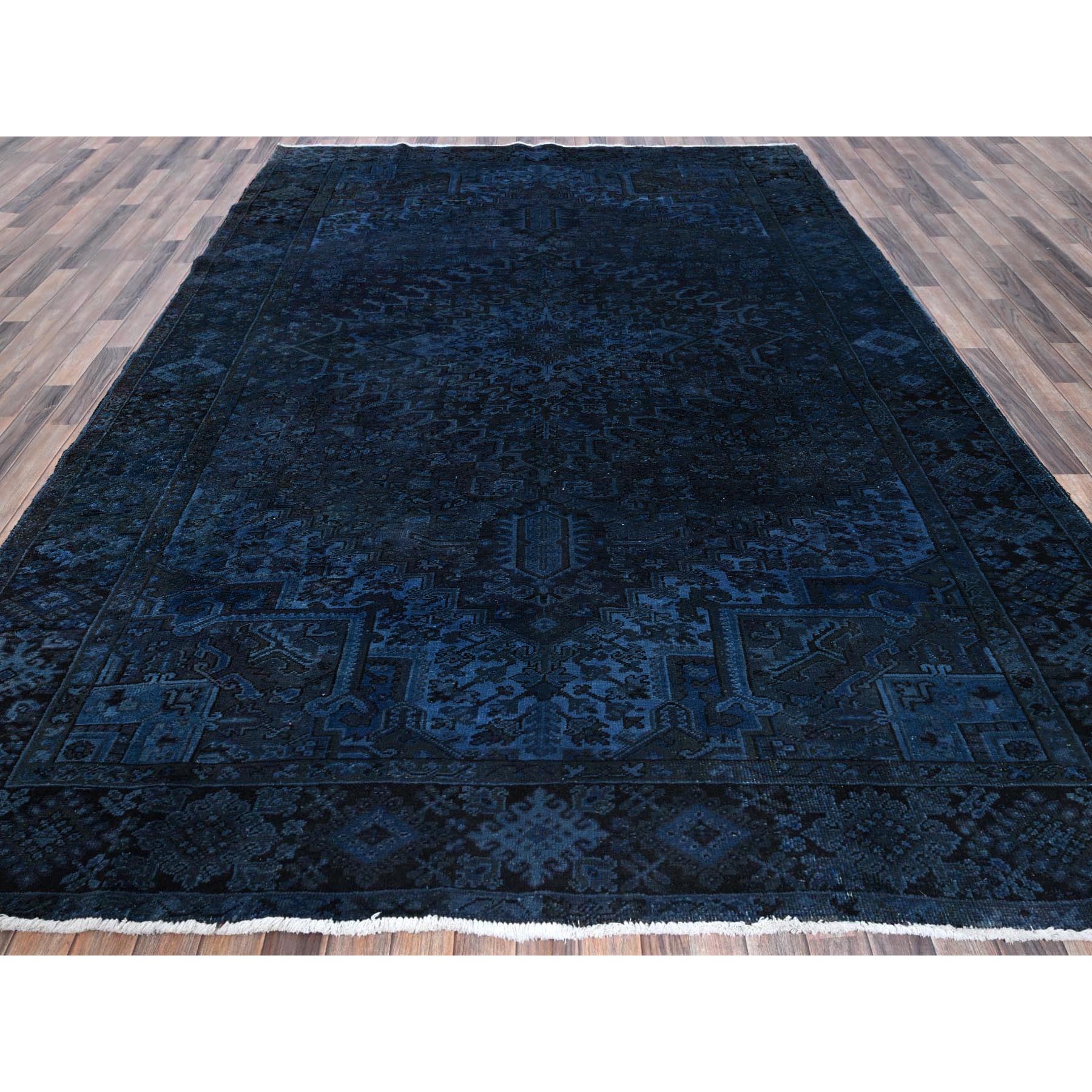 8'5"x11'4" Yale Blue, Overdyed Vintage Persian Heriz with Large Medallion, Worn and Distressed, Shaved Low, Zero Pile, Sides and Ends Professionally Secured, Hand Knotted, 100% Wool, Oriental Rug Sh1276