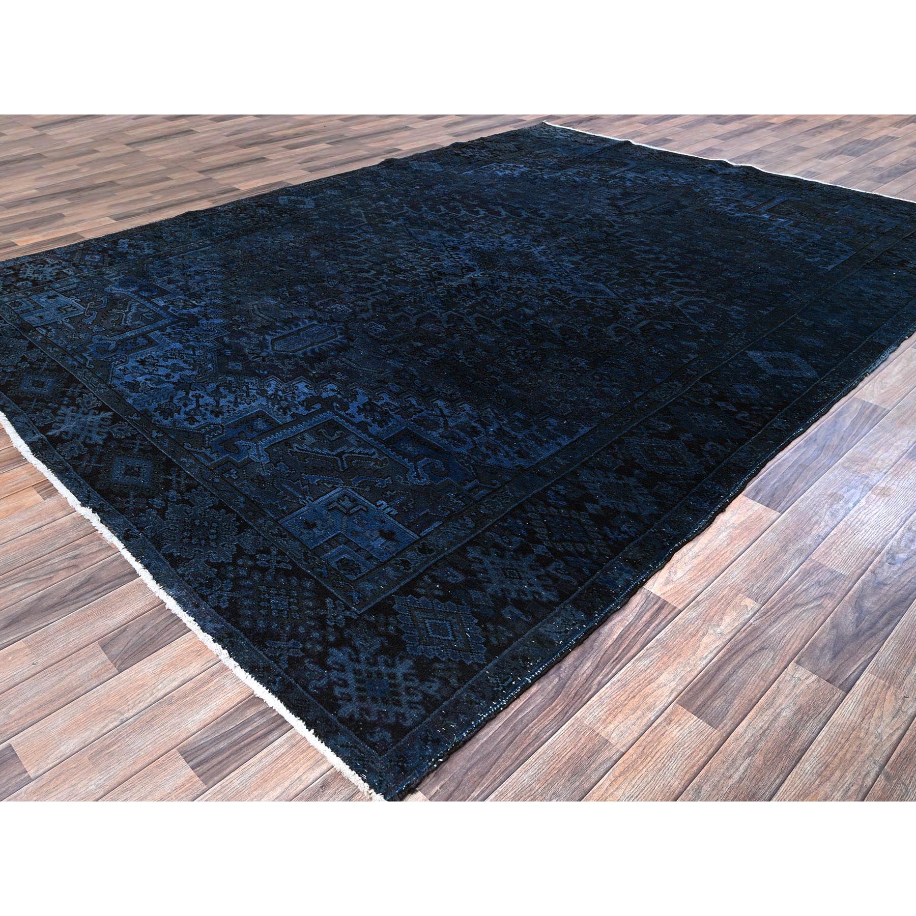 8'5"x11'4" Yale Blue, Overdyed Vintage Persian Heriz with Large Medallion, Worn and Distressed, Shaved Low, Zero Pile, Sides and Ends Professionally Secured, Hand Knotted, 100% Wool, Oriental Rug Sh1276