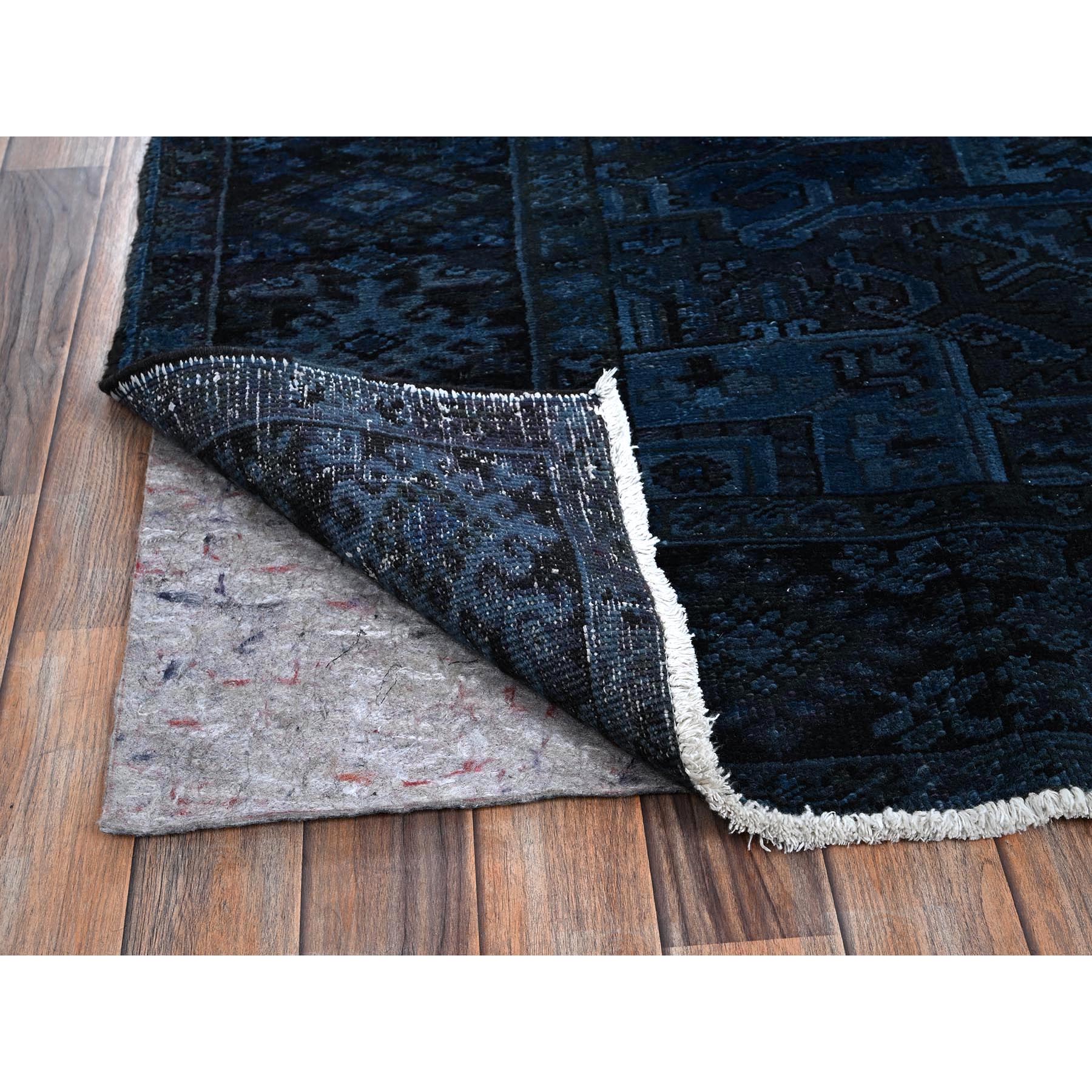 8'5"x11'4" Yale Blue, Overdyed Vintage Persian Heriz with Large Medallion, Worn and Distressed, Shaved Low, Zero Pile, Sides and Ends Professionally Secured, Hand Knotted, 100% Wool, Oriental Rug Sh1276