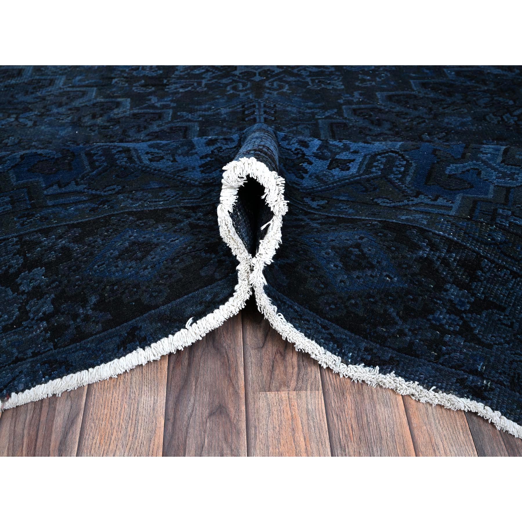 8'5"x11'4" Yale Blue, Overdyed Vintage Persian Heriz with Large Medallion, Worn and Distressed, Shaved Low, Zero Pile, Sides and Ends Professionally Secured, Hand Knotted, 100% Wool, Oriental Rug Sh1276