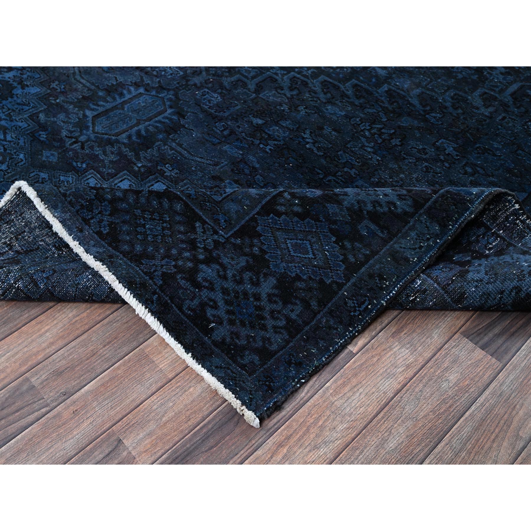 8'5"x11'4" Yale Blue, Overdyed Vintage Persian Heriz with Large Medallion, Worn and Distressed, Shaved Low, Zero Pile, Sides and Ends Professionally Secured, Hand Knotted, 100% Wool, Oriental Rug Sh1276
