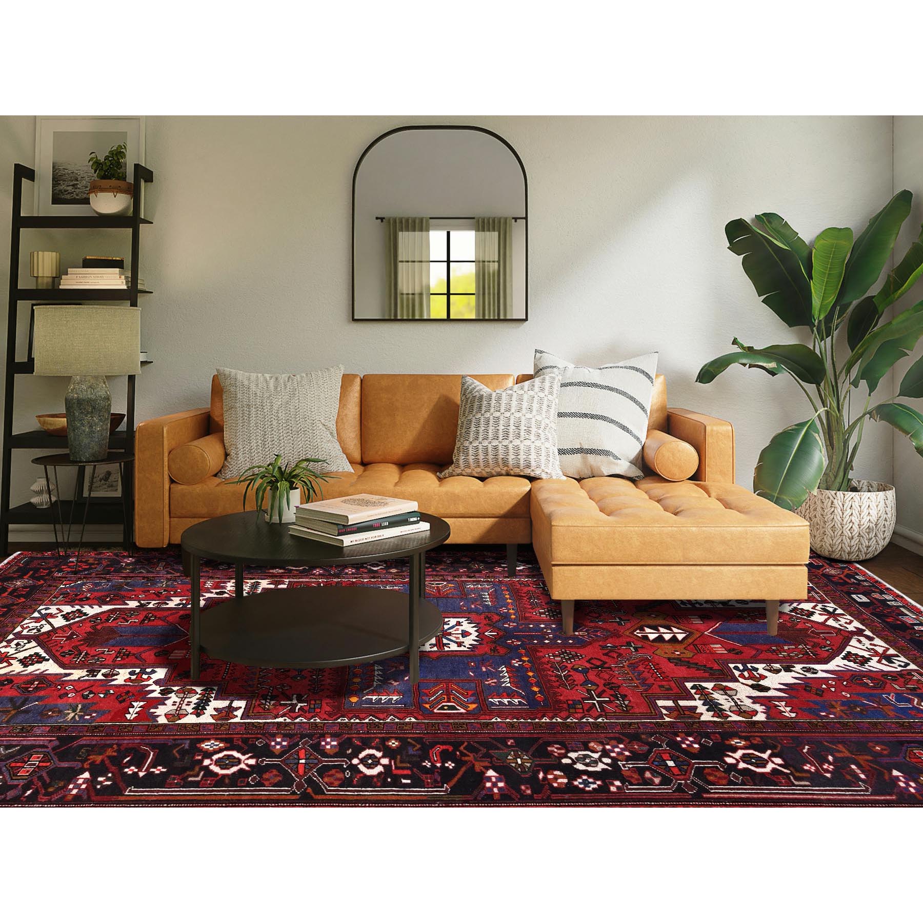 7'4"x11'2" Chili Red, Vintage Persian Heriz with Geometric Medallion, Cropped Thin, Sides and Ends Professionally Secured, Good Condition, Hand Knotted, 100% Wool, Long and Narrow, Oriental Rug Sh1279