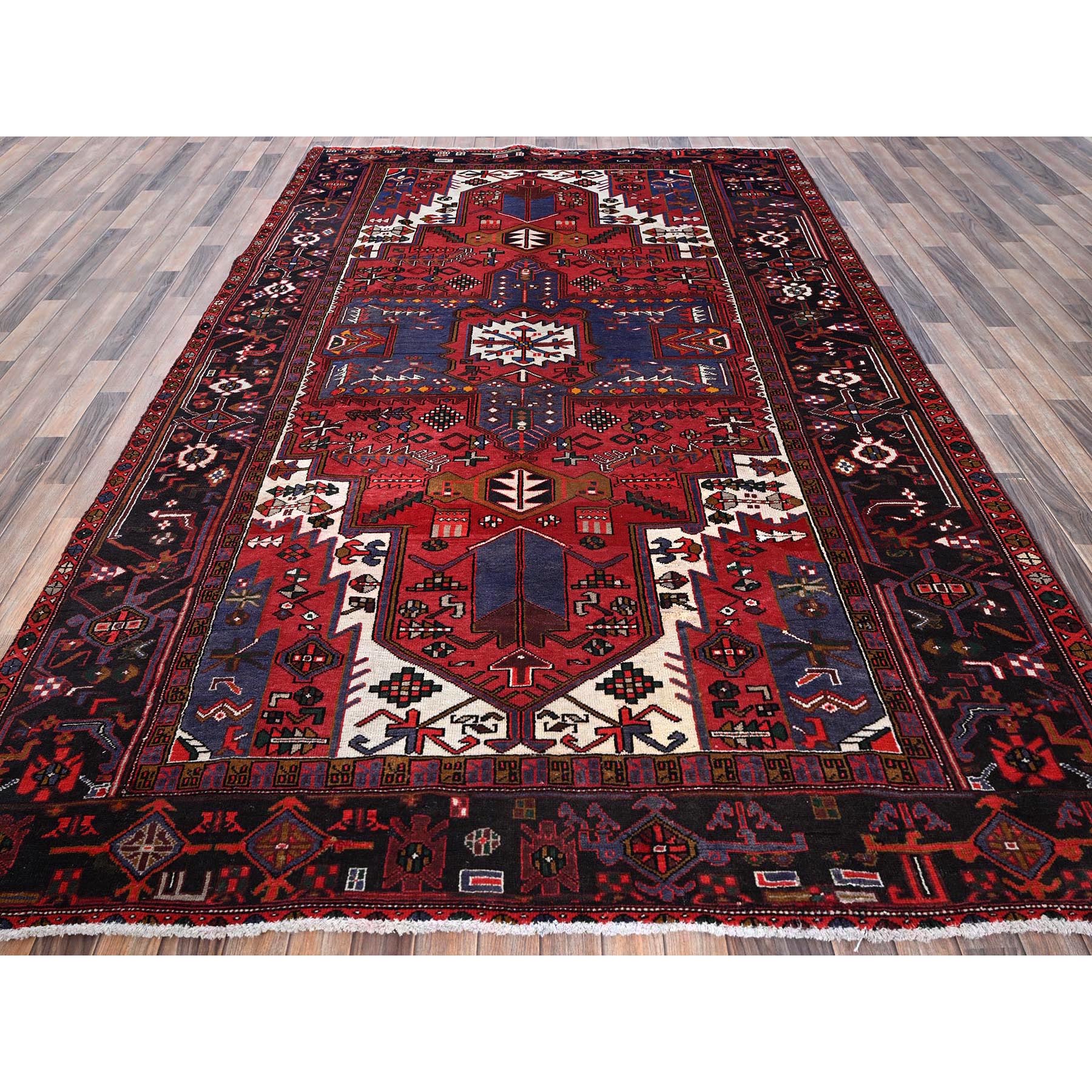 7'4"x11'2" Chili Red, Vintage Persian Heriz with Geometric Medallion, Cropped Thin, Sides and Ends Professionally Secured, Good Condition, Hand Knotted, 100% Wool, Long and Narrow, Oriental Rug Sh1279