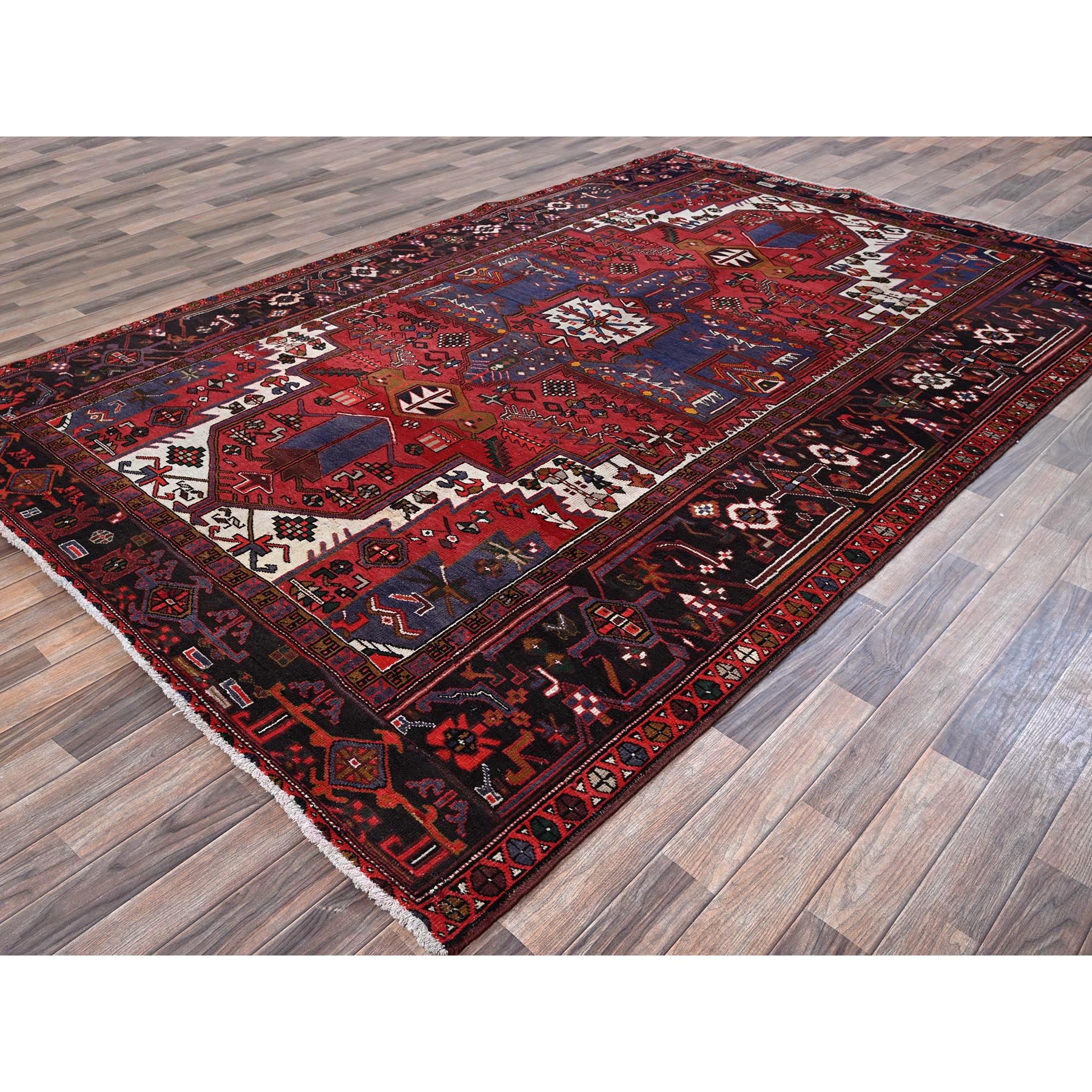 7'4"x11'2" Chili Red, Vintage Persian Heriz with Geometric Medallion, Cropped Thin, Sides and Ends Professionally Secured, Good Condition, Hand Knotted, 100% Wool, Long and Narrow, Oriental Rug Sh1279
