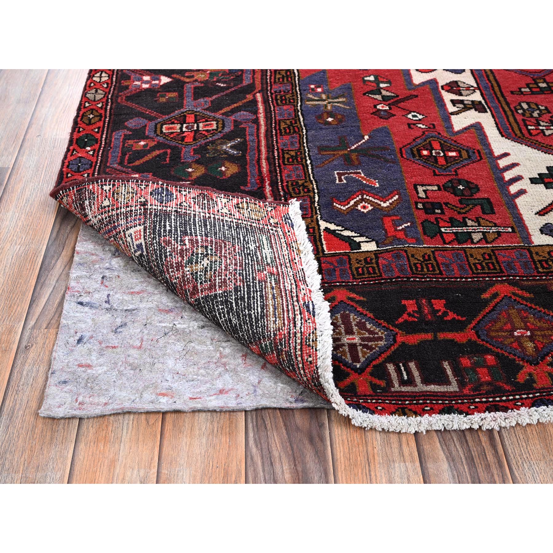 7'4"x11'2" Chili Red, Vintage Persian Heriz with Geometric Medallion, Cropped Thin, Sides and Ends Professionally Secured, Good Condition, Hand Knotted, 100% Wool, Long and Narrow, Oriental Rug Sh1279