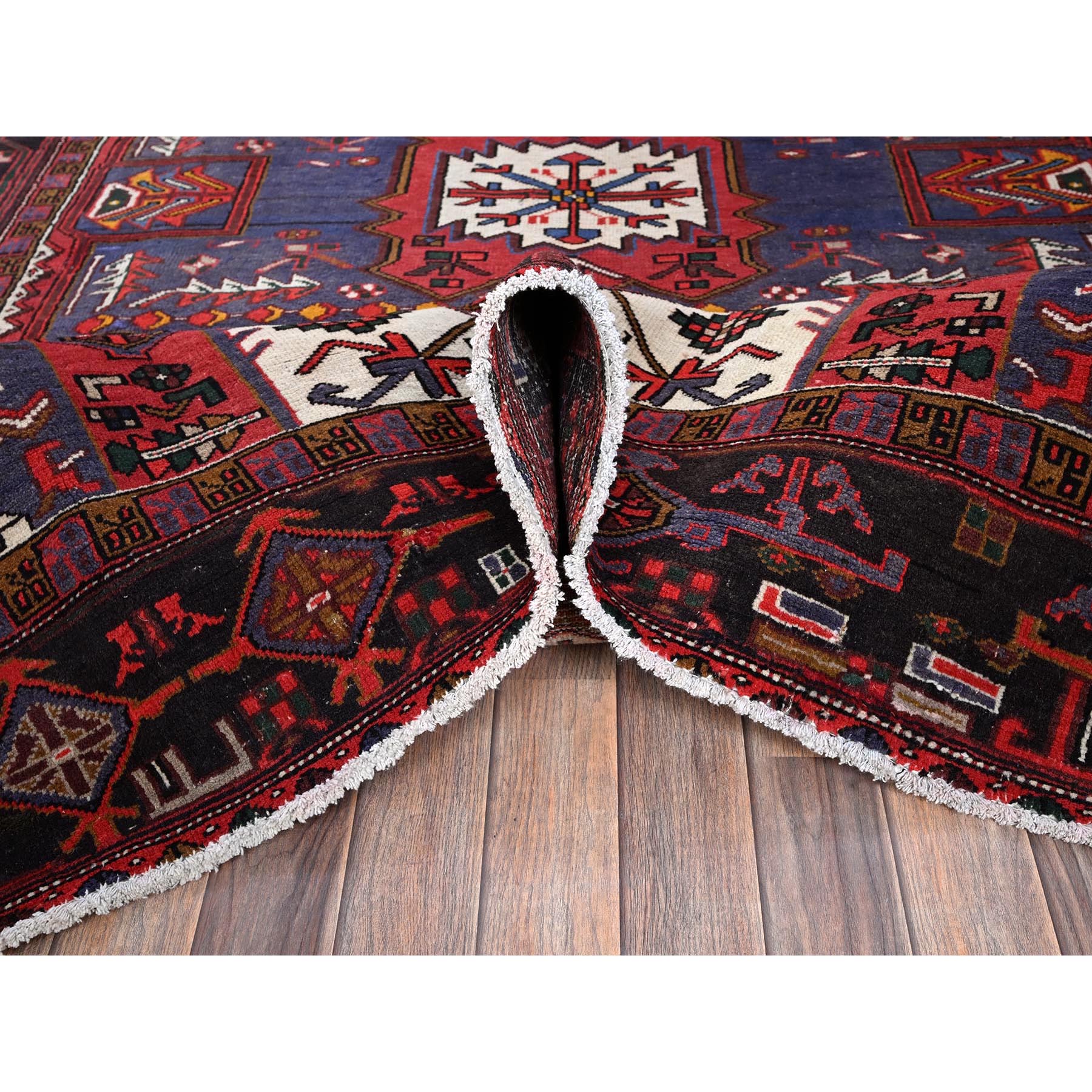 7'4"x11'2" Chili Red, Vintage Persian Heriz with Geometric Medallion, Cropped Thin, Sides and Ends Professionally Secured, Good Condition, Hand Knotted, 100% Wool, Long and Narrow, Oriental Rug Sh1279