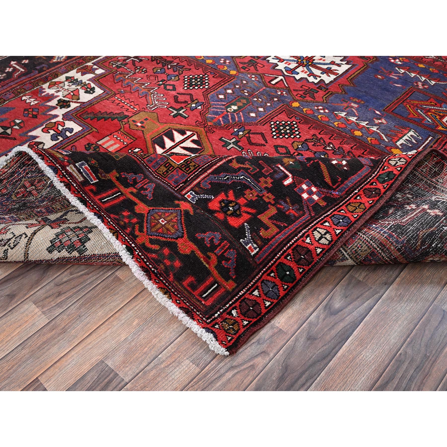 7'4"x11'2" Chili Red, Vintage Persian Heriz with Geometric Medallion, Cropped Thin, Sides and Ends Professionally Secured, Good Condition, Hand Knotted, 100% Wool, Long and Narrow, Oriental Rug Sh1279