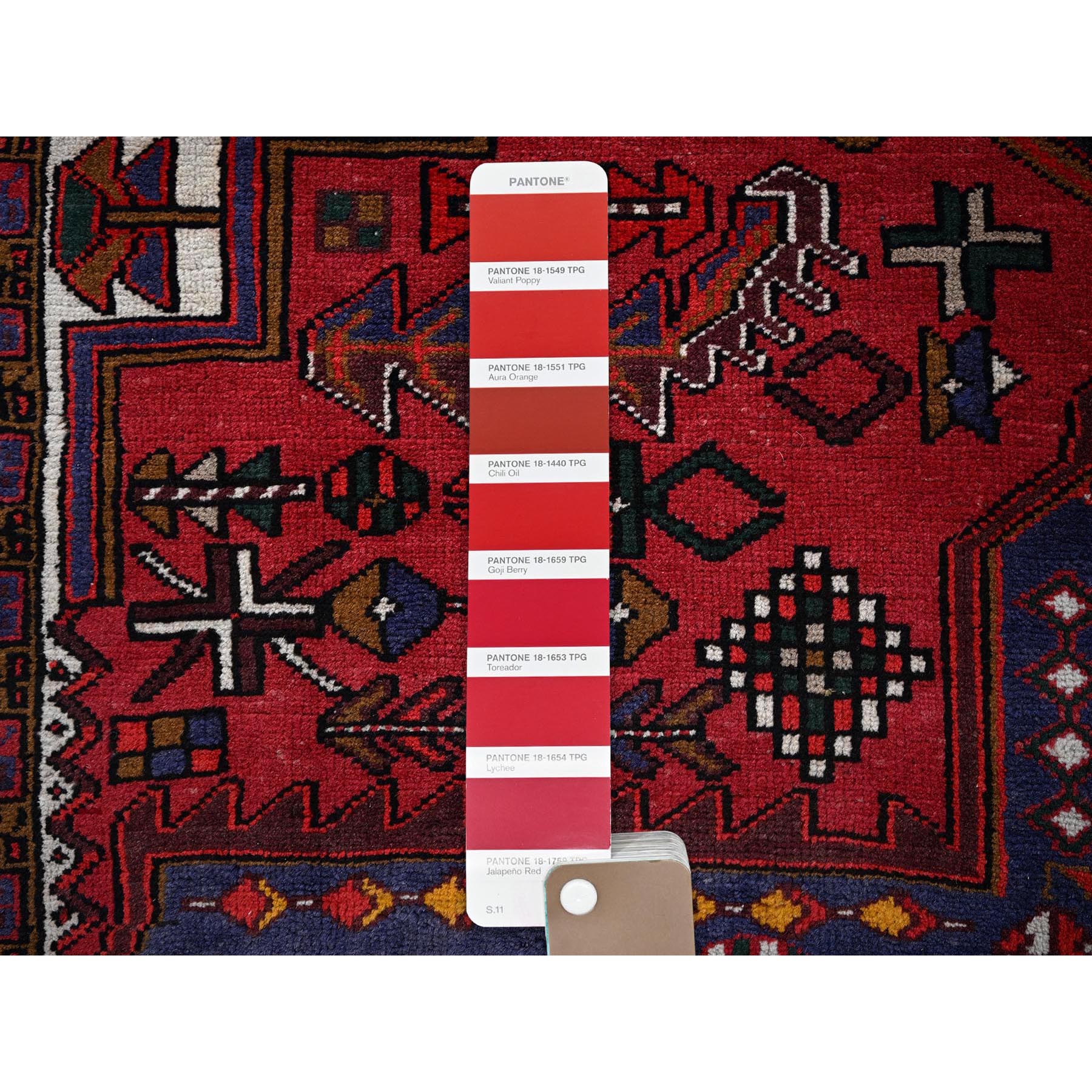 7'4"x11'2" Chili Red, Vintage Persian Heriz with Geometric Medallion, Cropped Thin, Sides and Ends Professionally Secured, Good Condition, Hand Knotted, 100% Wool, Long and Narrow, Oriental Rug Sh1279