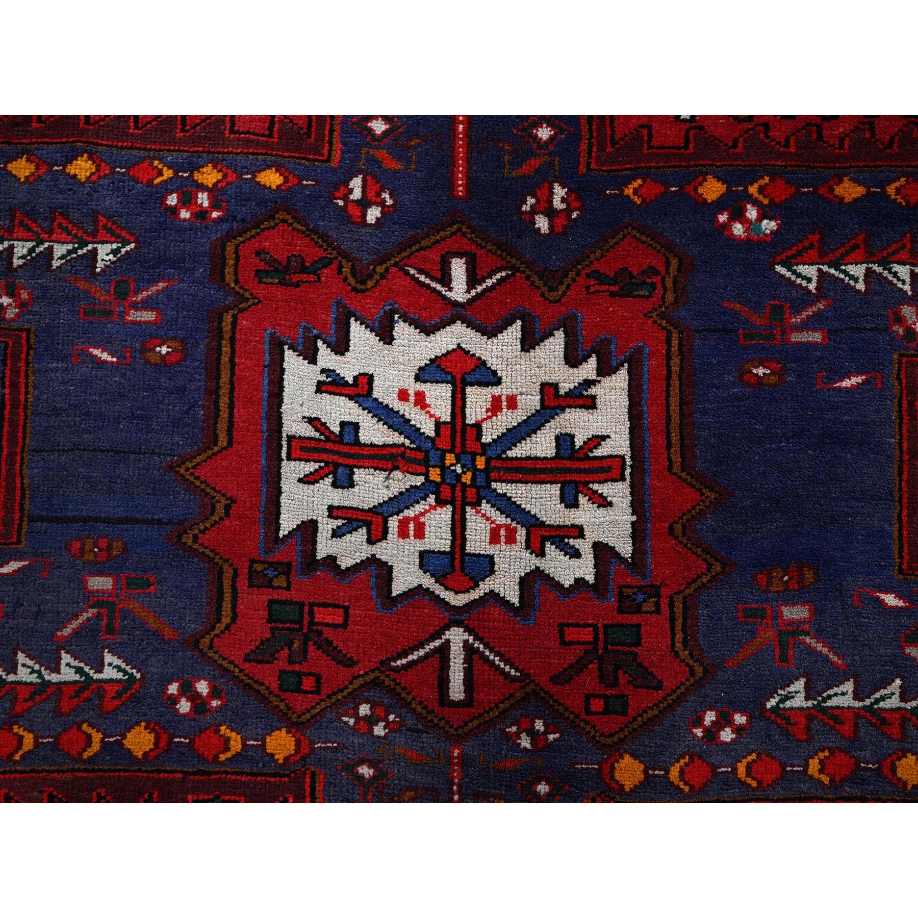 7'4"x11'2" Chili Red, Vintage Persian Heriz with Geometric Medallion, Cropped Thin, Sides and Ends Professionally Secured, Good Condition, Hand Knotted, 100% Wool, Long and Narrow, Oriental Rug Sh1279