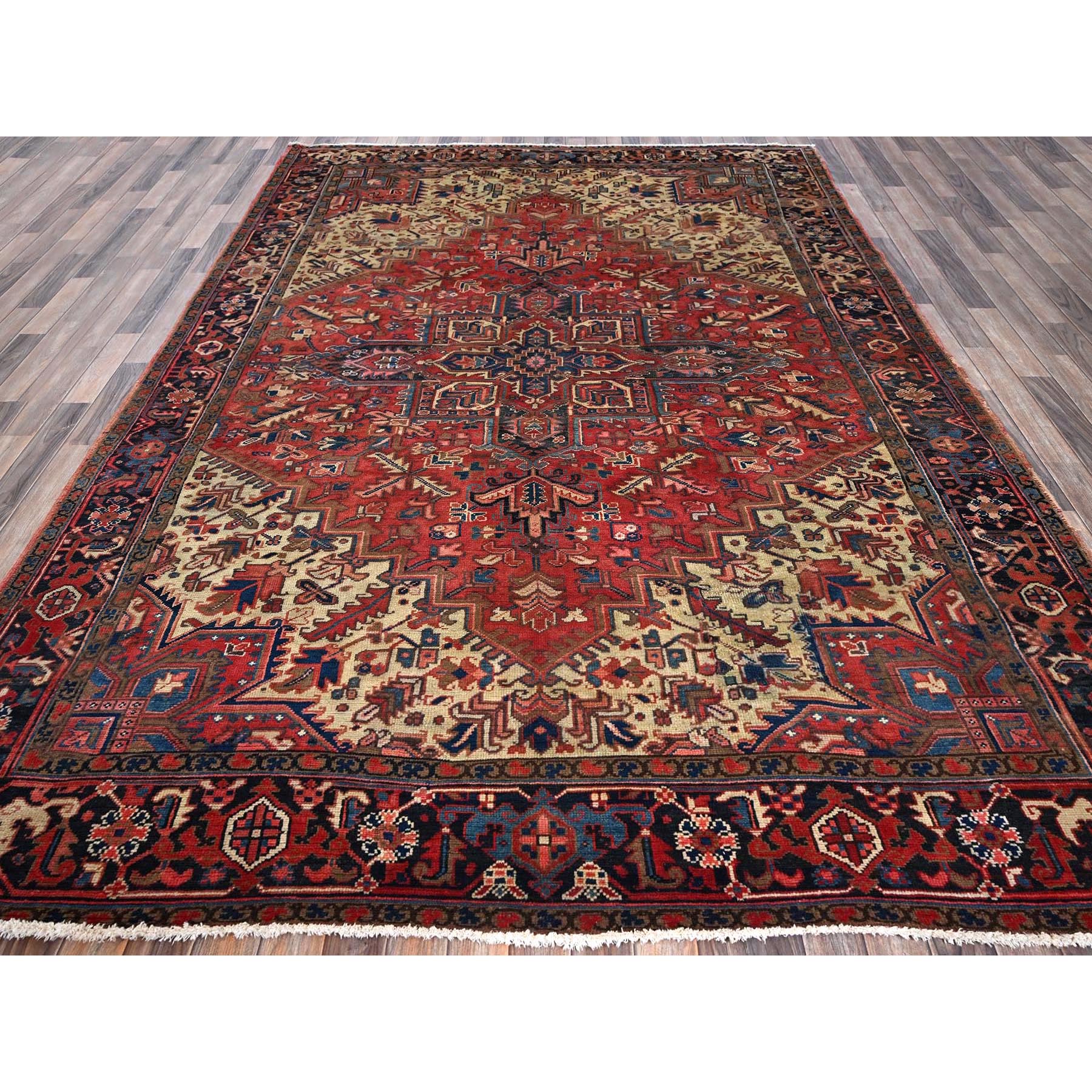8'x11' Coral Red, Vintage and Old, Persian Heriz with Geometric Medallion, Shaved Low, Sides and Ends Professionally Secured, Good Condition, Hand Knotted, 100% Wool, Oriental Rug Sh1280