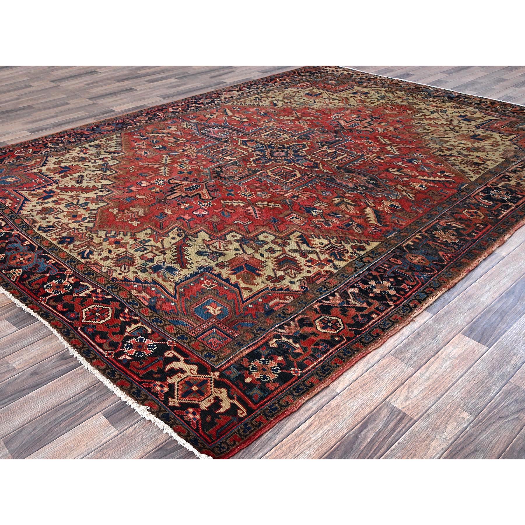 8'x11' Coral Red, Vintage and Old, Persian Heriz with Geometric Medallion, Shaved Low, Sides and Ends Professionally Secured, Good Condition, Hand Knotted, 100% Wool, Oriental Rug Sh1280