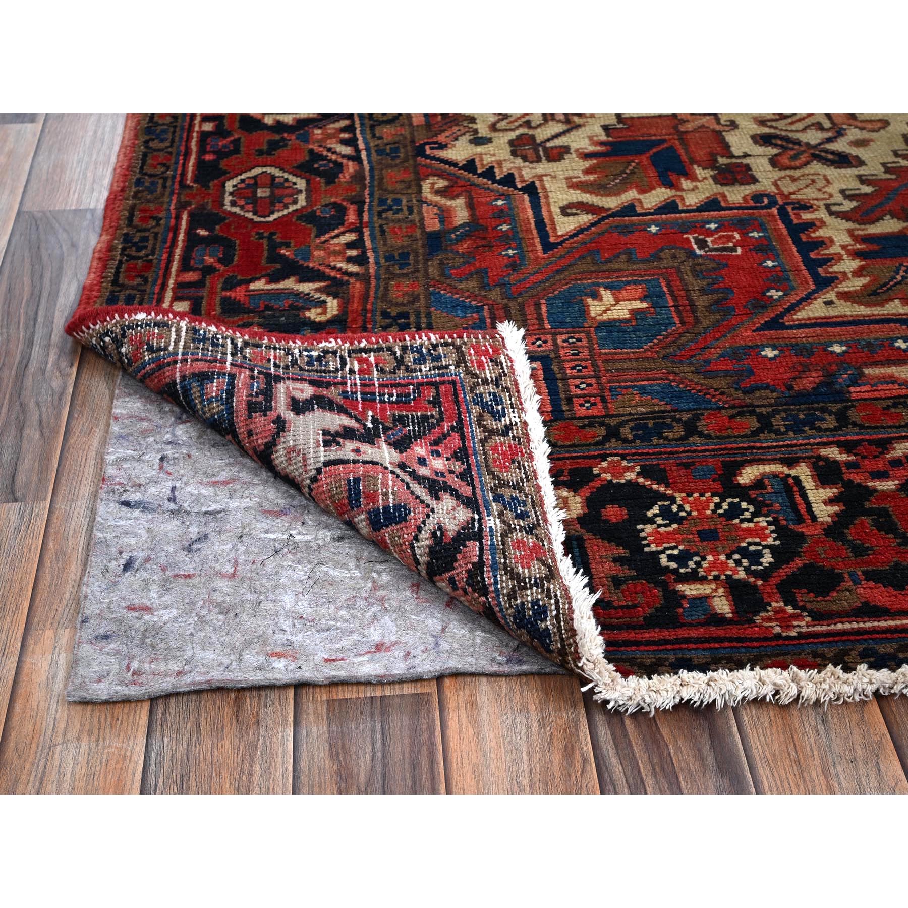 8'x11' Coral Red, Vintage and Old, Persian Heriz with Geometric Medallion, Shaved Low, Sides and Ends Professionally Secured, Good Condition, Hand Knotted, 100% Wool, Oriental Rug Sh1280