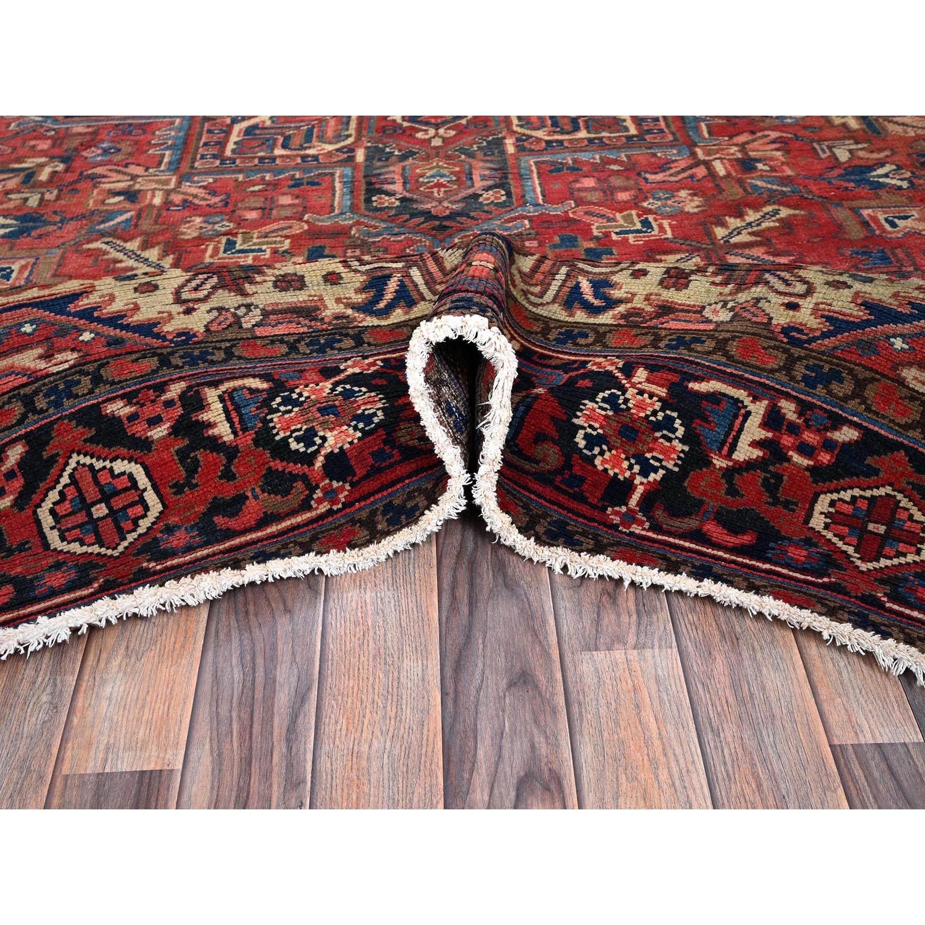 8'x11' Coral Red, Vintage and Old, Persian Heriz with Geometric Medallion, Shaved Low, Sides and Ends Professionally Secured, Good Condition, Hand Knotted, 100% Wool, Oriental Rug Sh1280