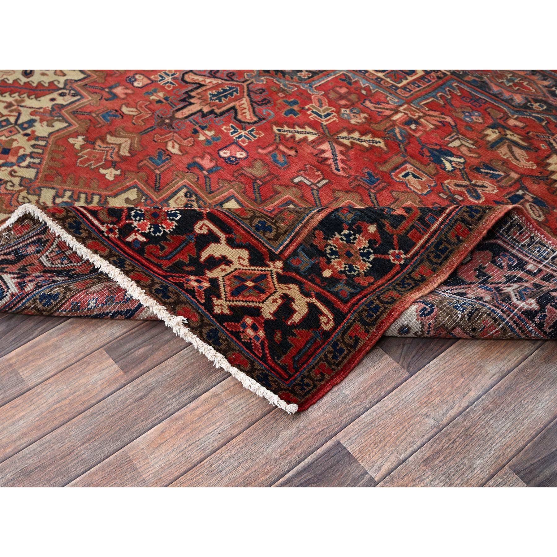 8'x11' Coral Red, Vintage and Old, Persian Heriz with Geometric Medallion, Shaved Low, Sides and Ends Professionally Secured, Good Condition, Hand Knotted, 100% Wool, Oriental Rug Sh1280
