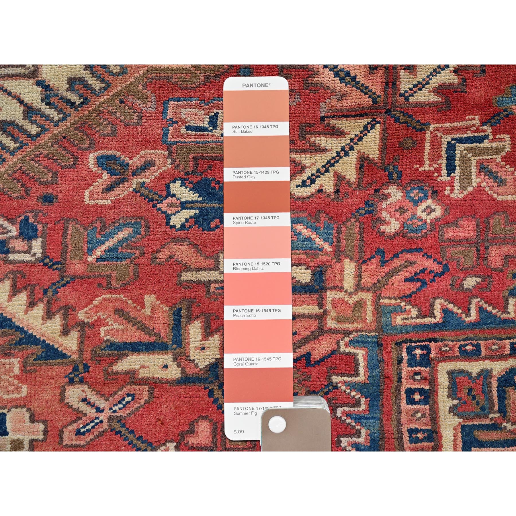 8'x11' Coral Red, Vintage and Old, Persian Heriz with Geometric Medallion, Shaved Low, Sides and Ends Professionally Secured, Good Condition, Hand Knotted, 100% Wool, Oriental Rug Sh1280