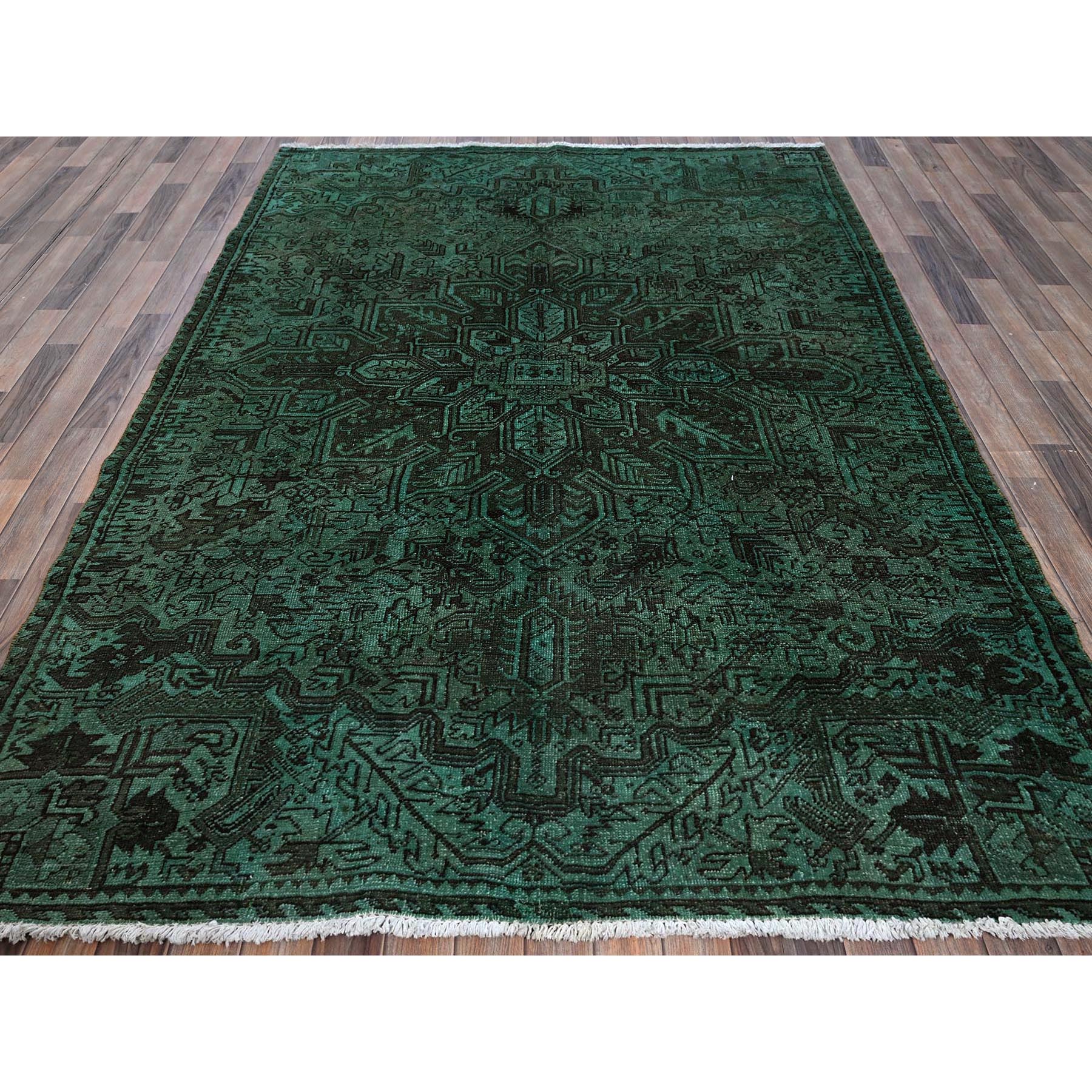 6'4"x8'9" Hunter Green, Overdyed Vintage Persian Heriz with Large Medallion, Worn and Distressed, Shaved Low, Sides and Ends Professionally Secured, Hand Knotted, 100% Wool, Oriental Rug Sh1281