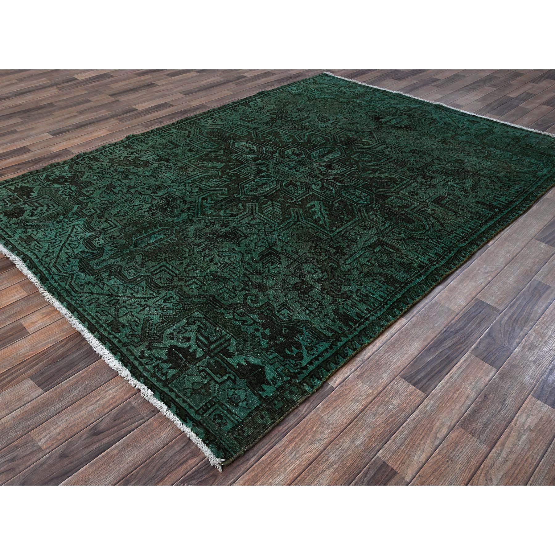 6'4"x8'9" Hunter Green, Overdyed Vintage Persian Heriz with Large Medallion, Worn and Distressed, Shaved Low, Sides and Ends Professionally Secured, Hand Knotted, 100% Wool, Oriental Rug Sh1281