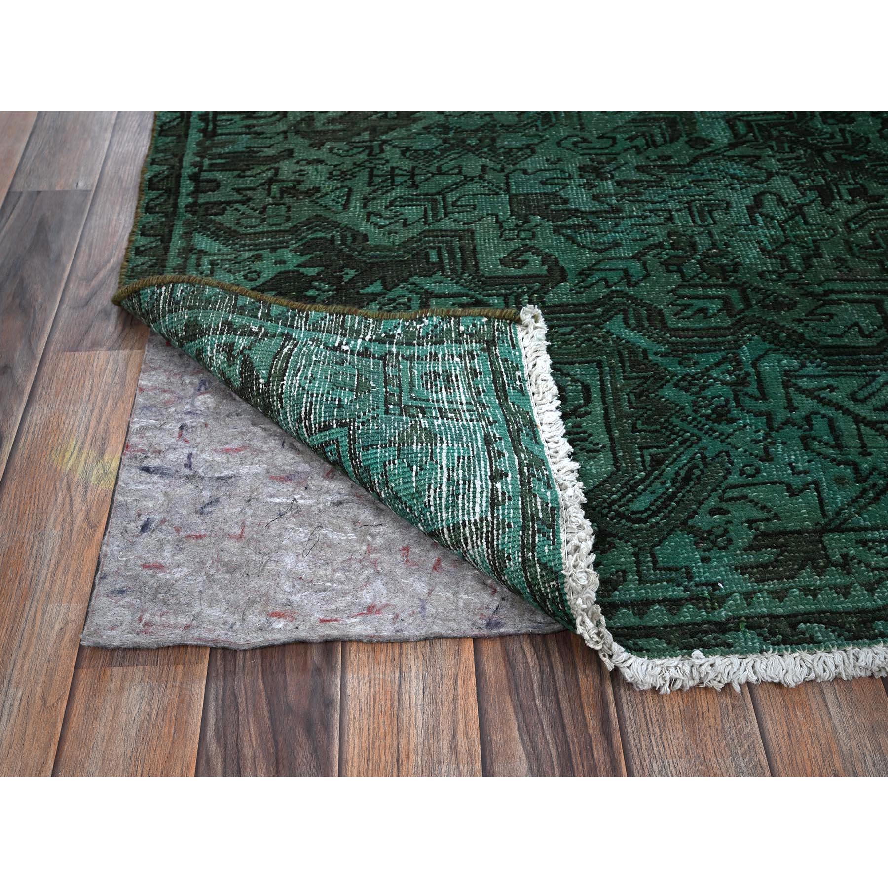 6'4"x8'9" Hunter Green, Overdyed Vintage Persian Heriz with Large Medallion, Worn and Distressed, Shaved Low, Sides and Ends Professionally Secured, Hand Knotted, 100% Wool, Oriental Rug Sh1281